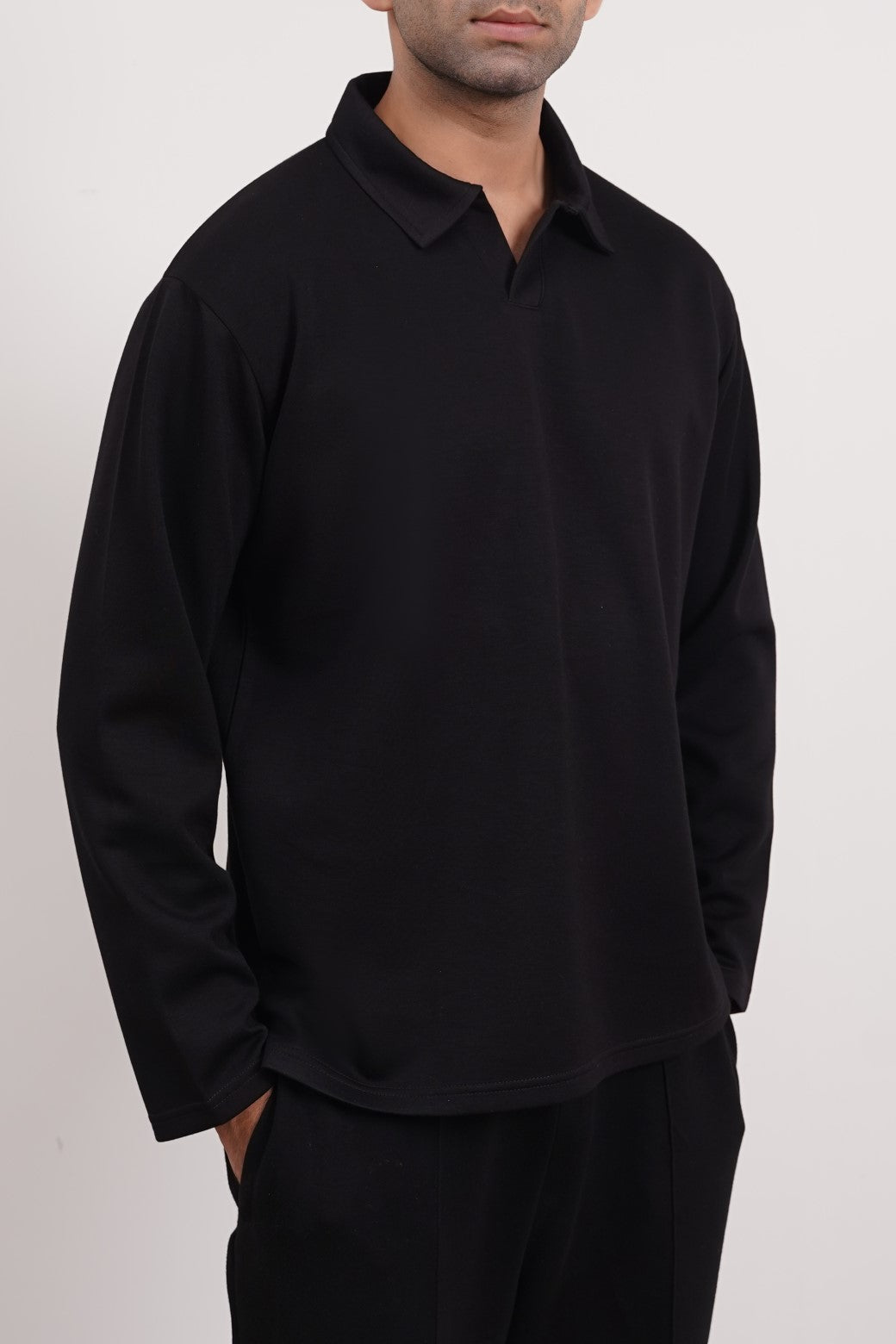 Black Soft Relaxed Fit Long Sleeve Collared Polo