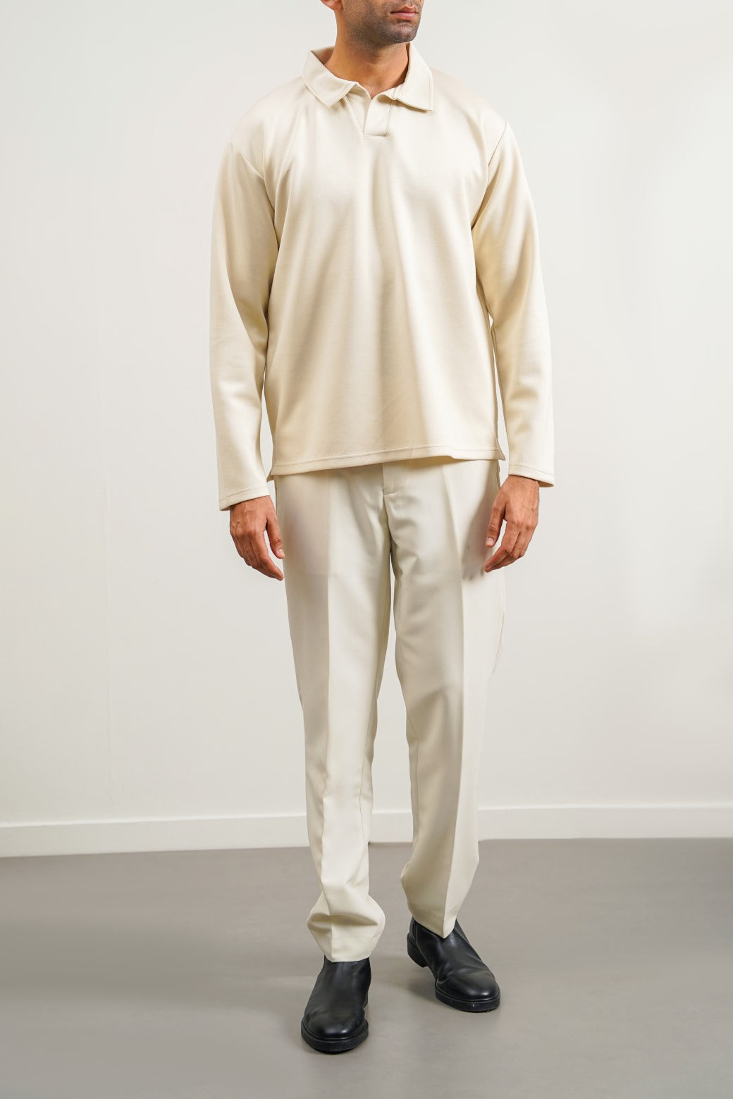 Ivory Soft Relaxed Fit Collared Polo with Long Sleeves