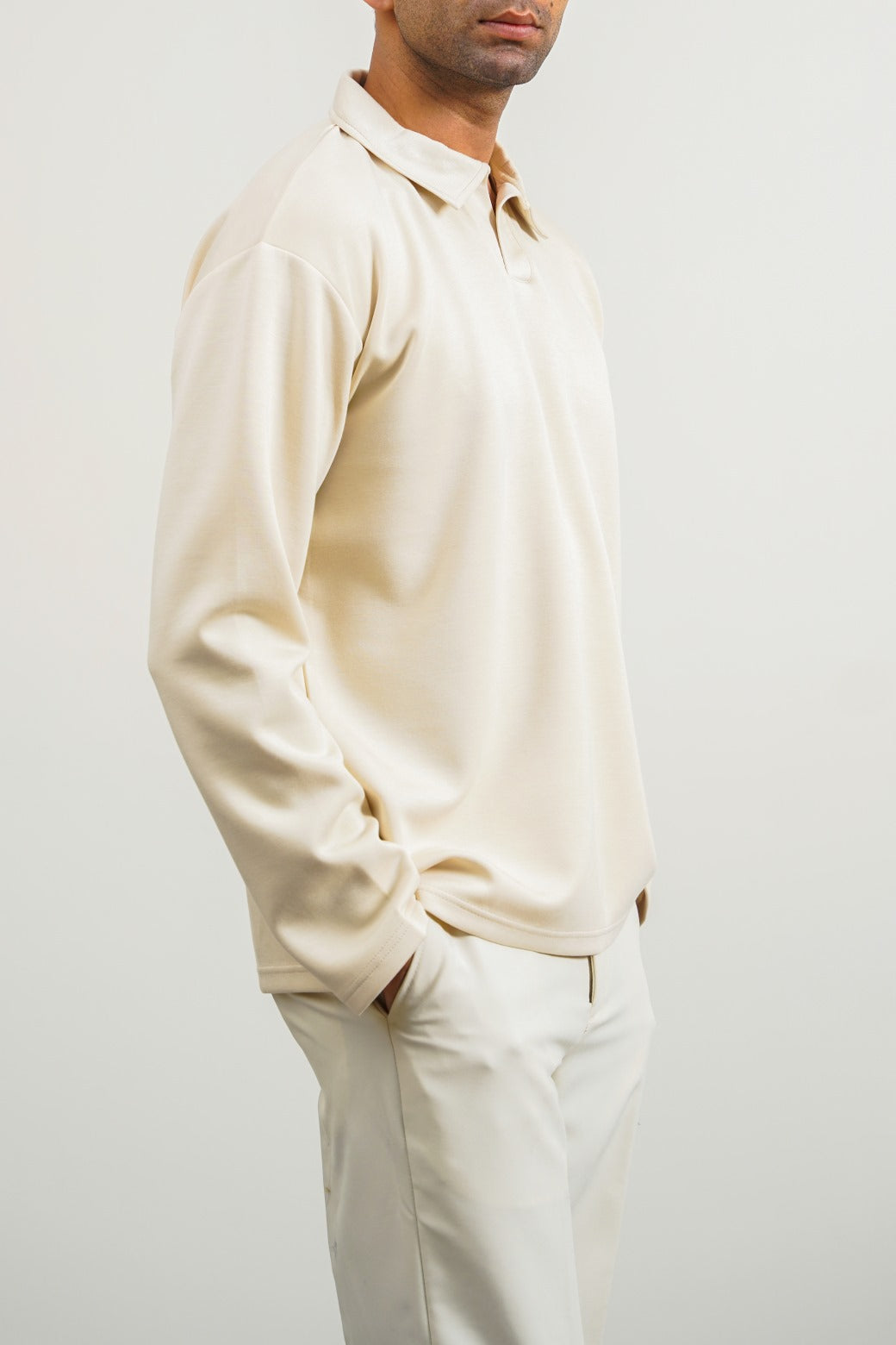 Ivory Soft Relaxed Fit Collared Polo with Long Sleeves