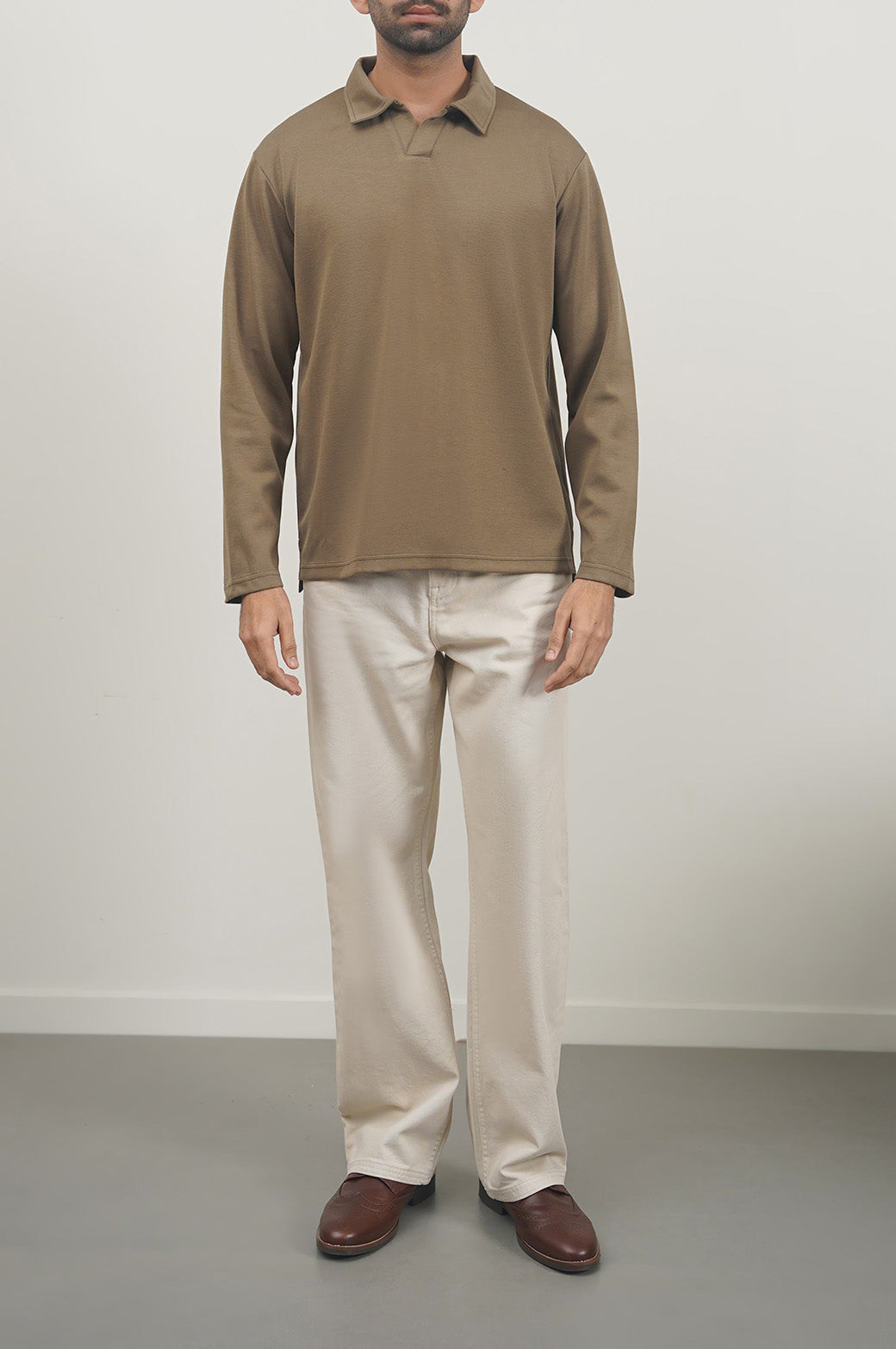 Olive Soft Relaxed Fit Long Sleeve Collared Polo
