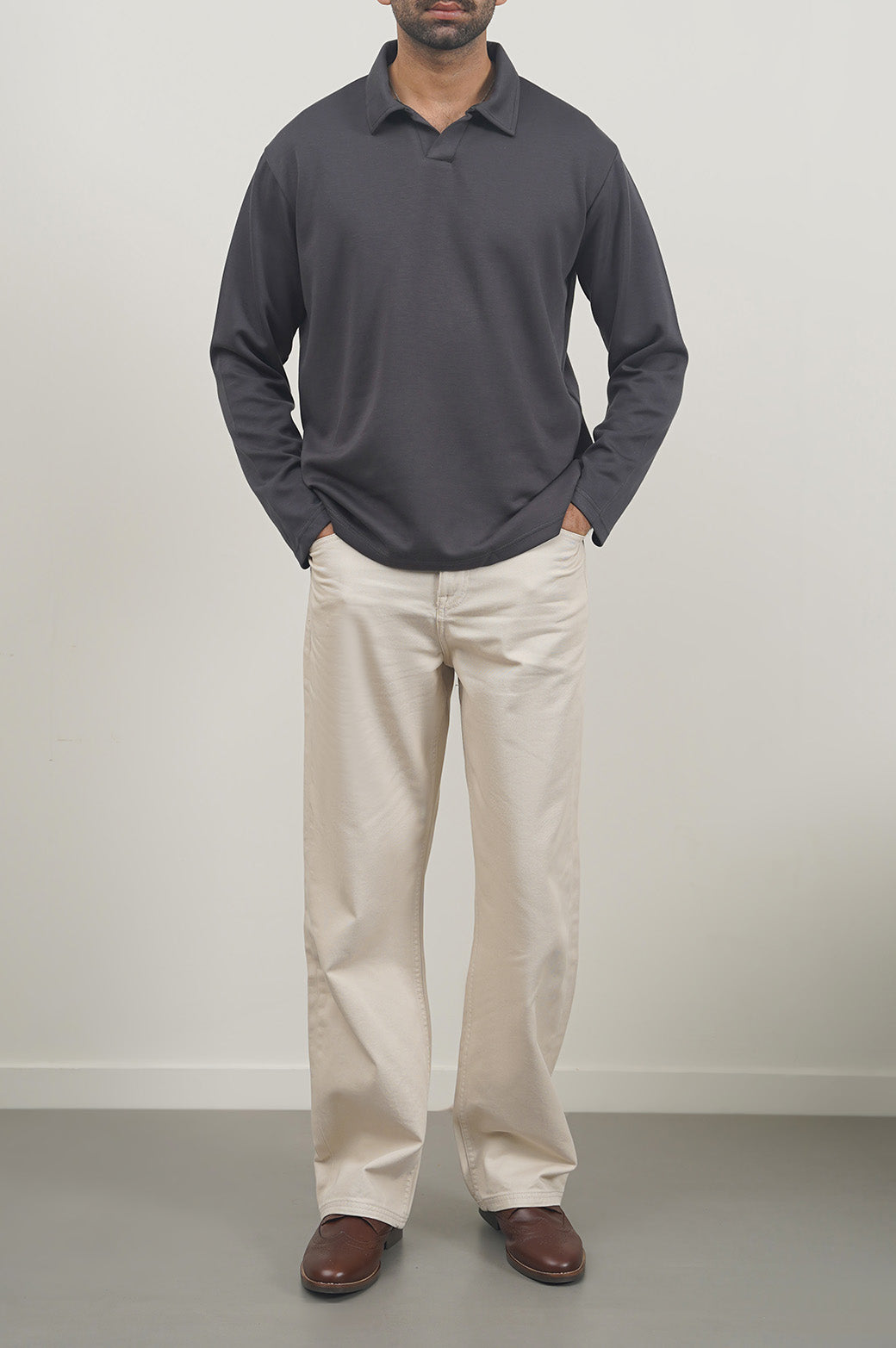 Charcoal Soft Relaxed Fit Long Sleeve Collared Polo