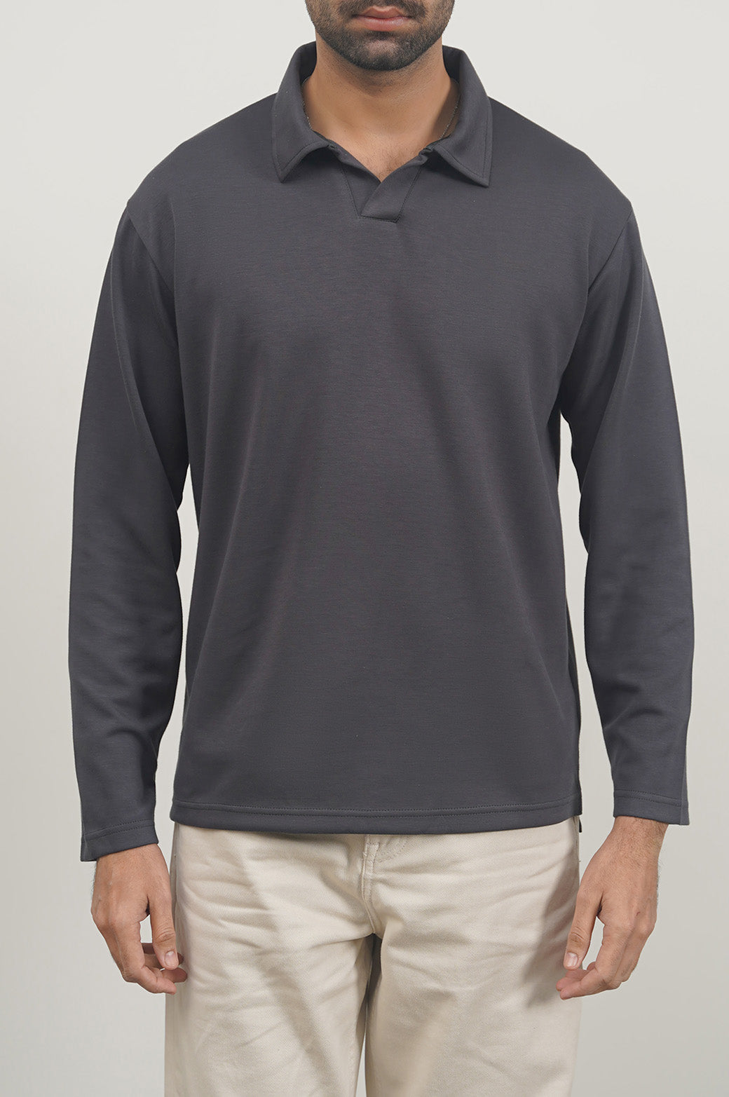 Charcoal Soft Relaxed Fit Long Sleeve Collared Polo