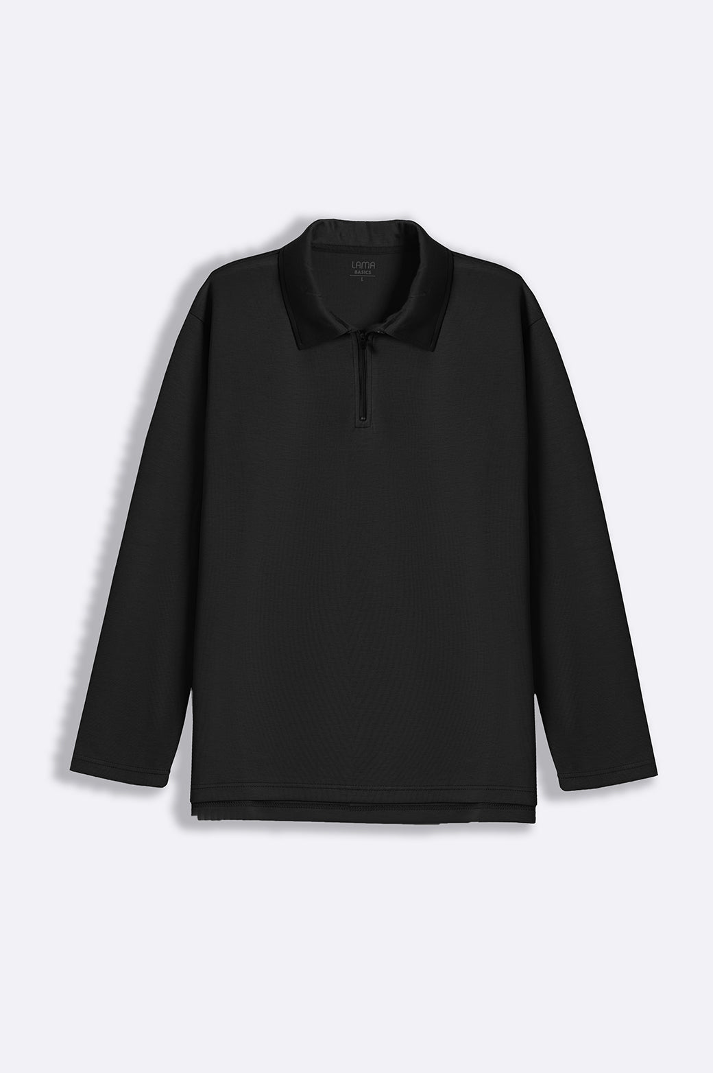 Black Relaxed Fit Soft Polo with Zip and Long Sleeves
