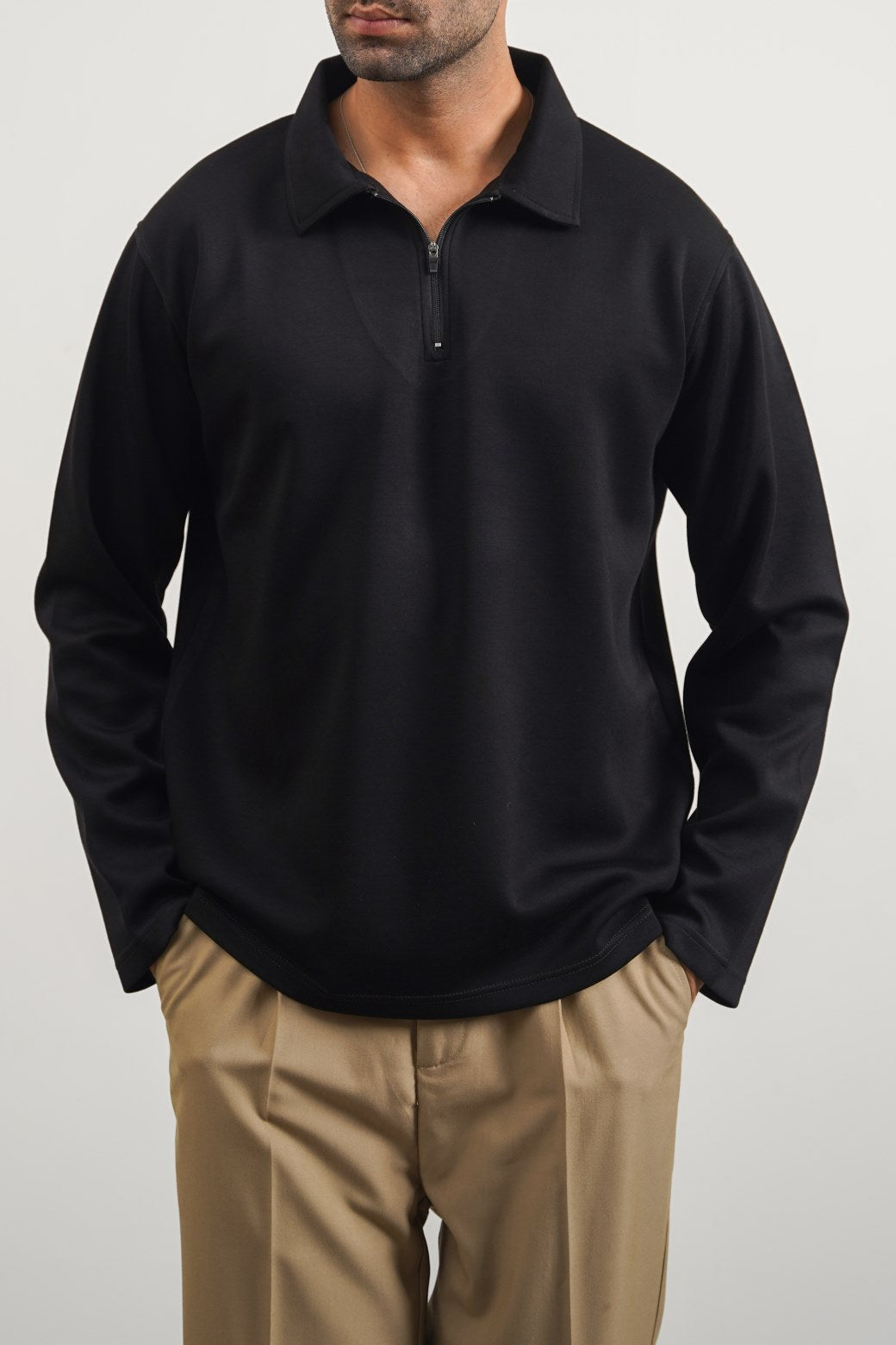 Black Relaxed Fit Soft Polo with Zip and Long Sleeves