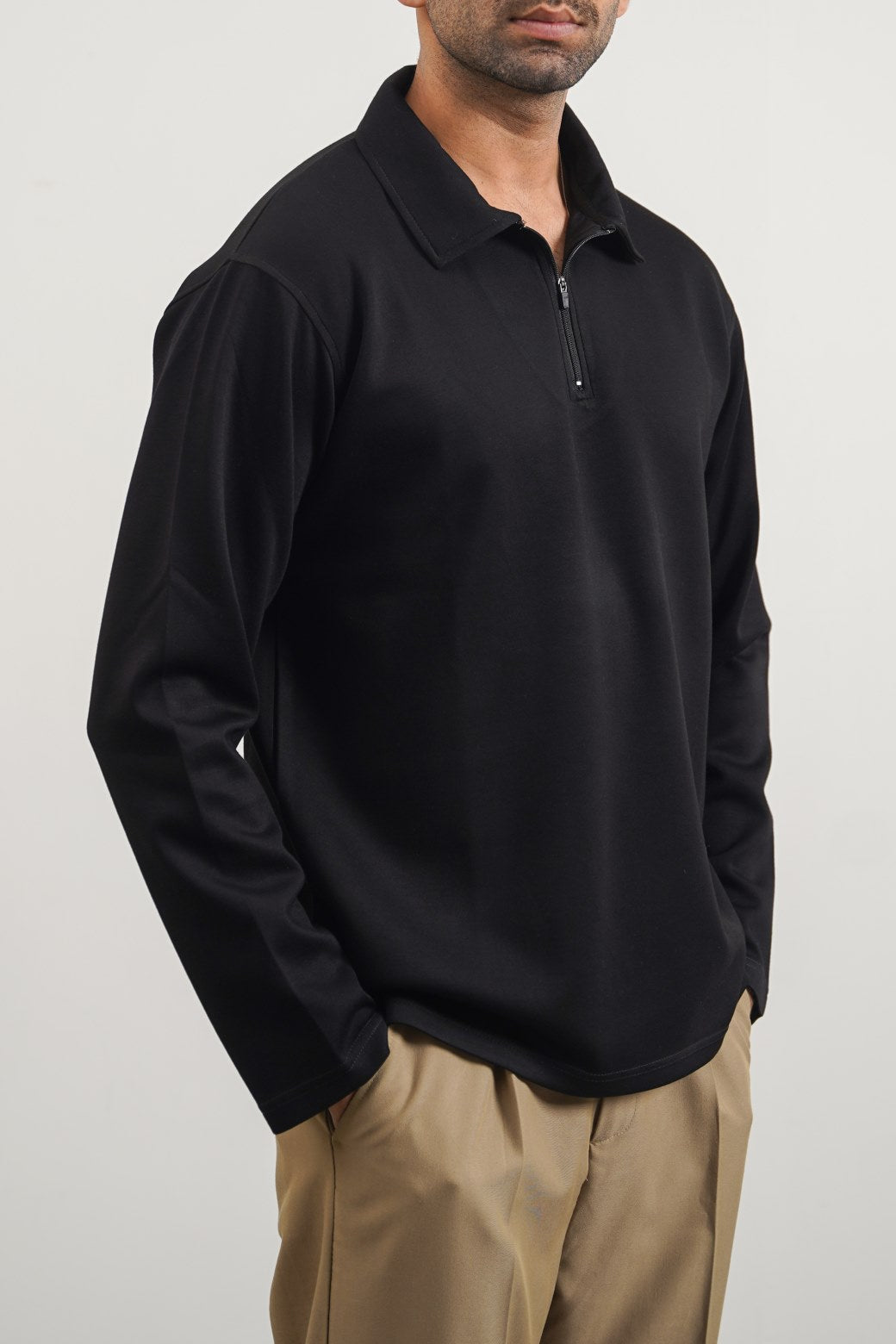 Black Relaxed Fit Soft Polo with Zip and Long Sleeves