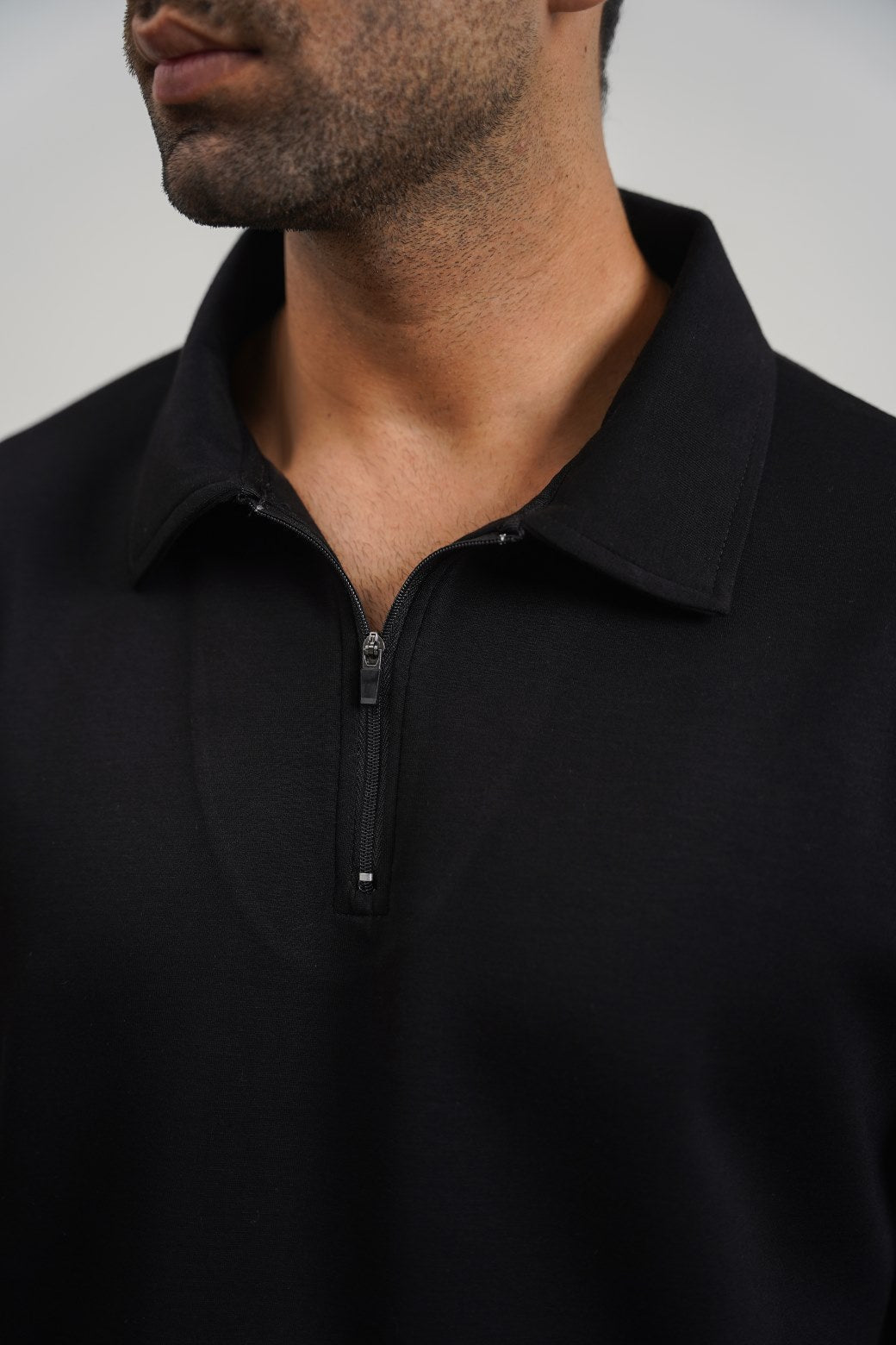 Black Relaxed Fit Soft Polo with Zip and Long Sleeves