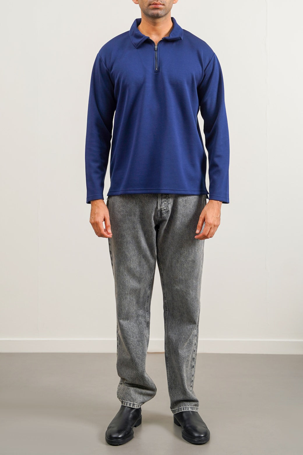 Navy Soft Relaxed Fit Zip Polo with Long Sleeves