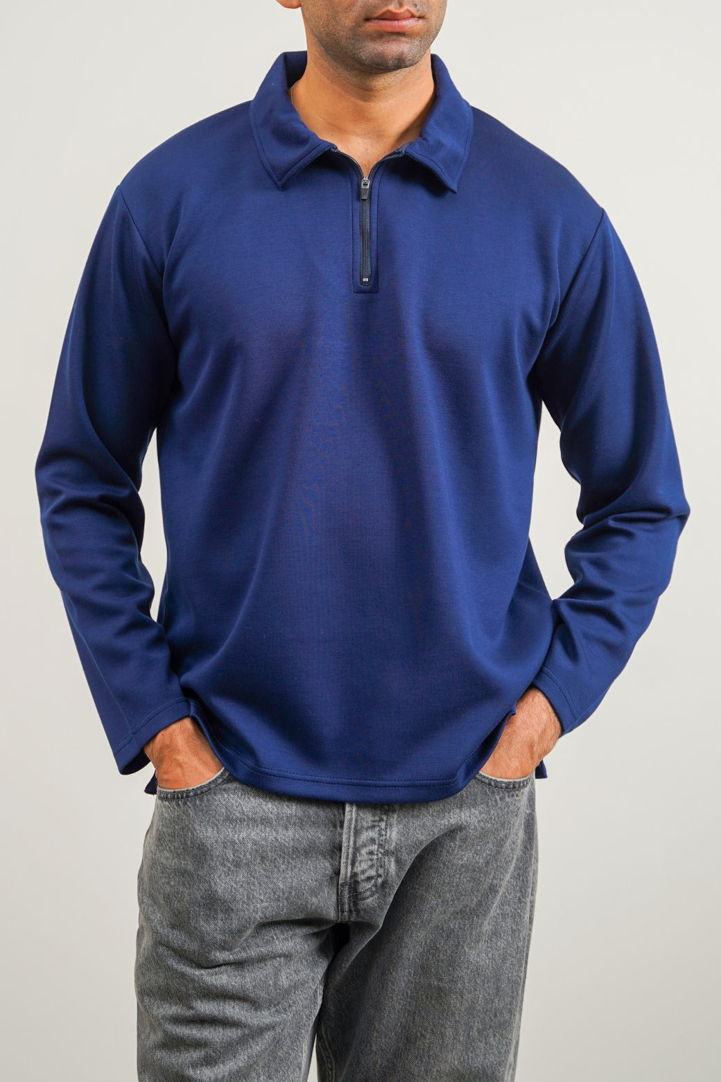 Navy Soft Relaxed Fit Zip Polo with Long Sleeves