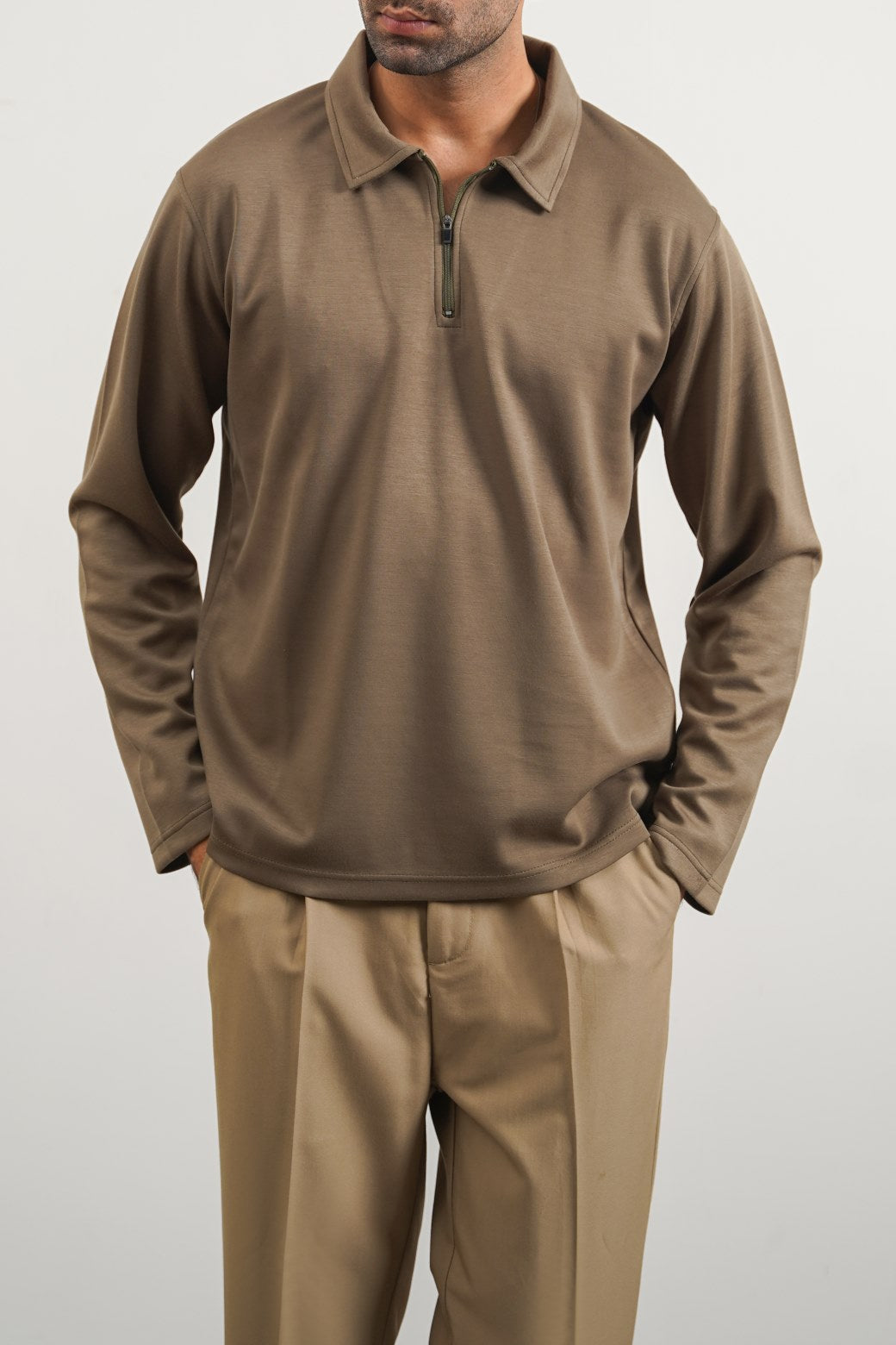 Olive Soft Relaxed Fit Zip Polo with Long Sleeves