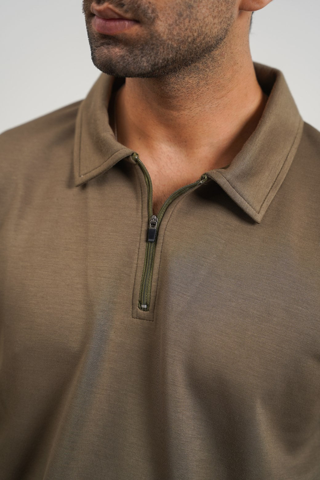 Olive Soft Relaxed Fit Zip Polo with Long Sleeves