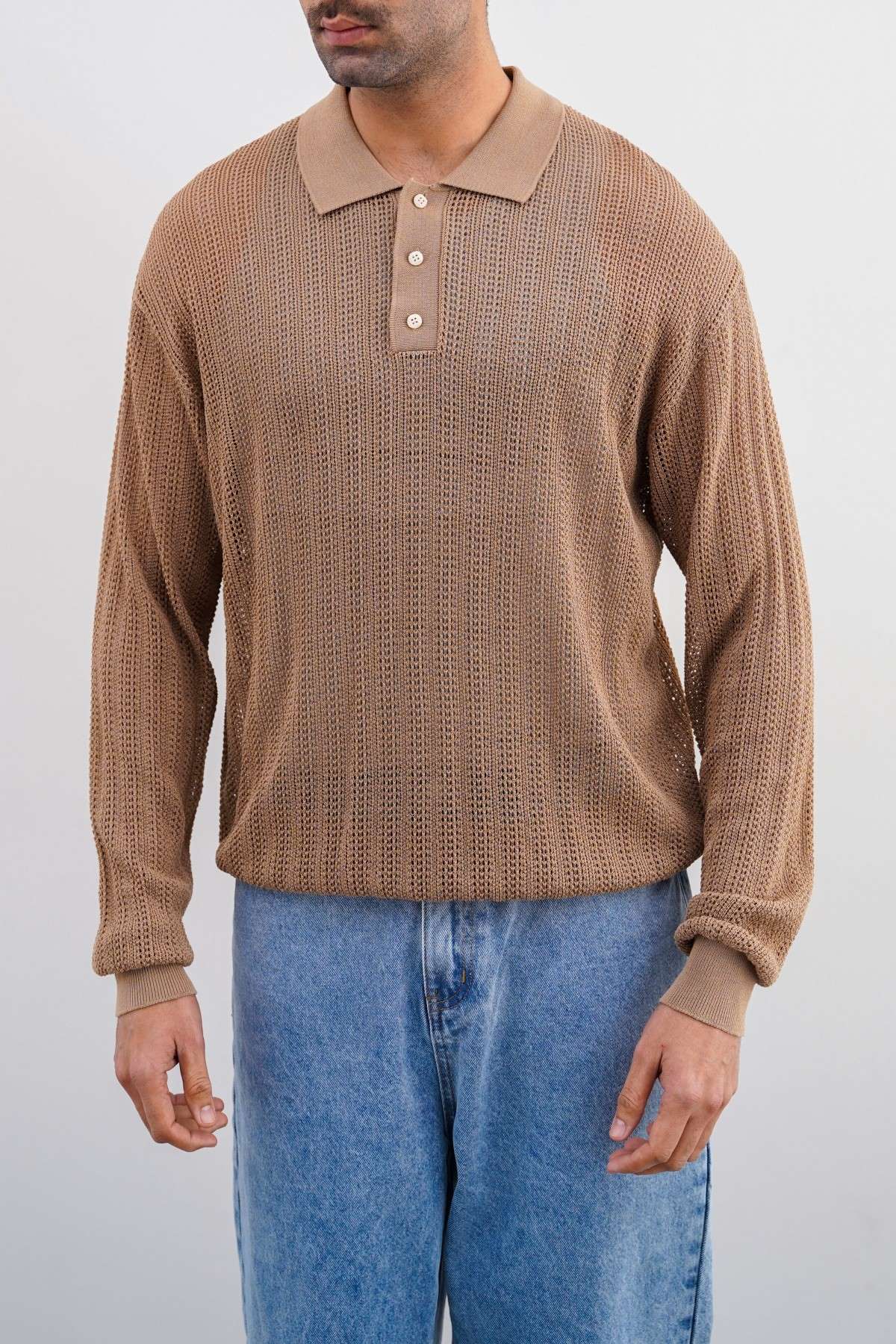 Beige Relaxed Fit Crochet Knit Polo Shirt with Ribbed Details