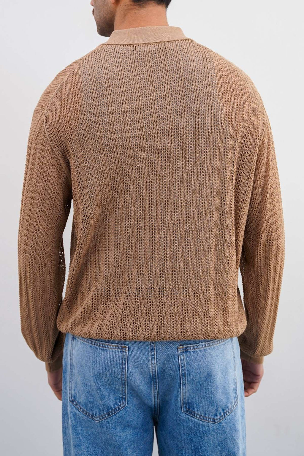 Beige Relaxed Fit Crochet Knit Polo Shirt with Ribbed Details – Cool Havn