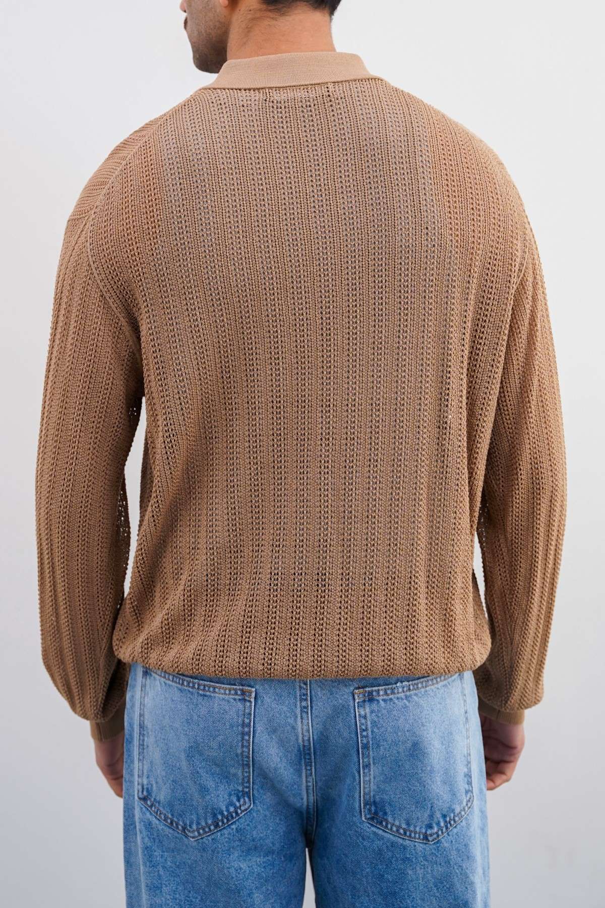 Beige Relaxed Fit Crochet Knit Polo Shirt with Ribbed Details