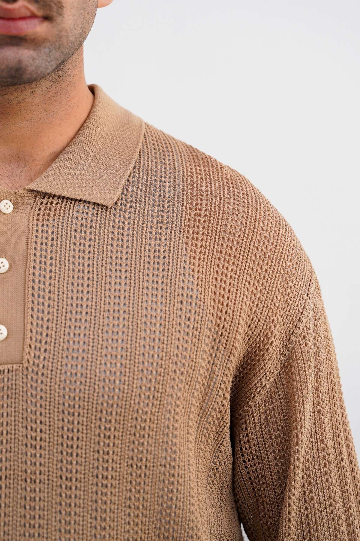 Beige Relaxed Fit Crochet Knit Polo Shirt with Ribbed Details