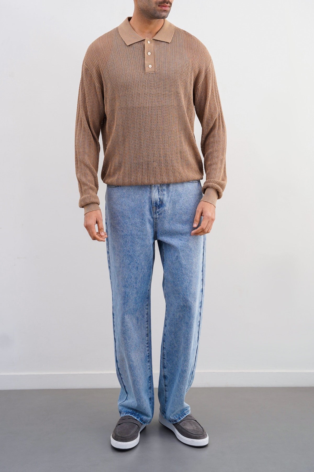 Beige Relaxed Fit Crochet Knit Polo Shirt with Ribbed Details