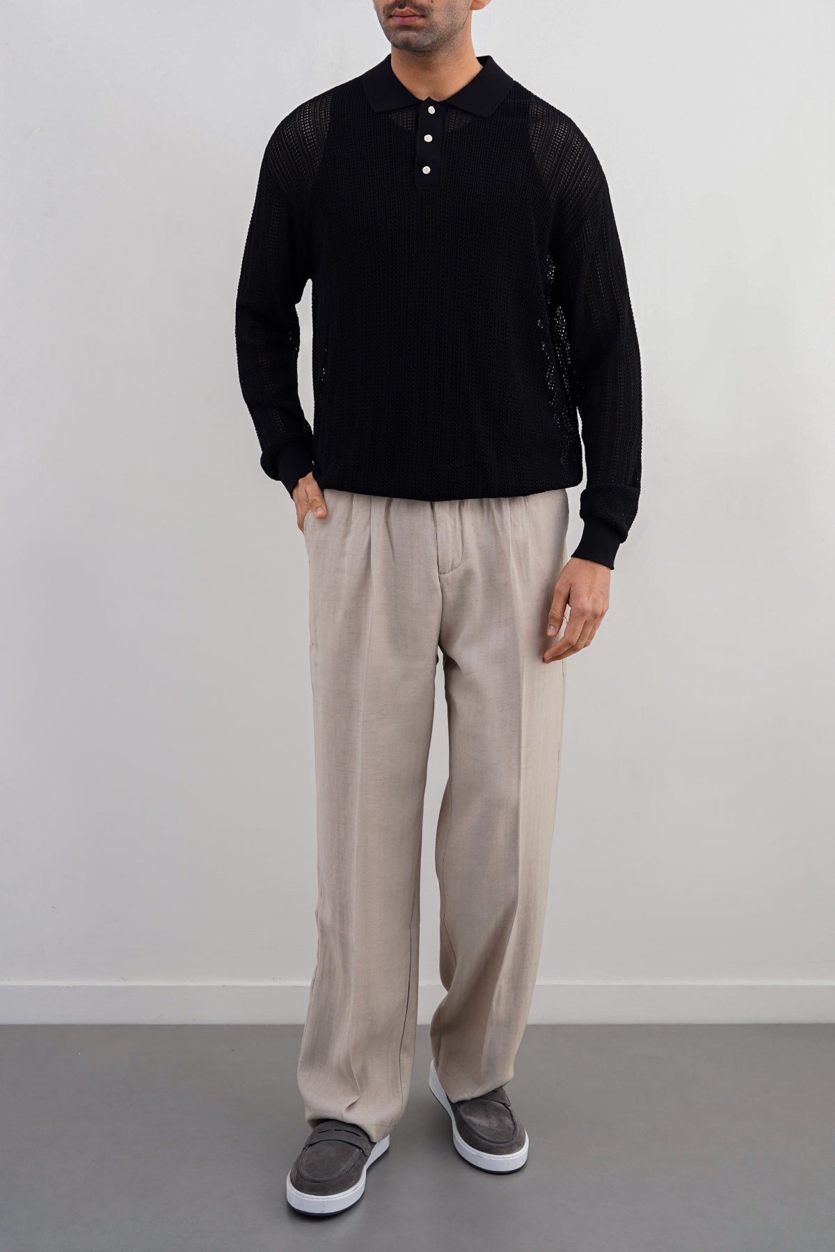 Black Relaxed Fit Crochet Knit Polo Shirt