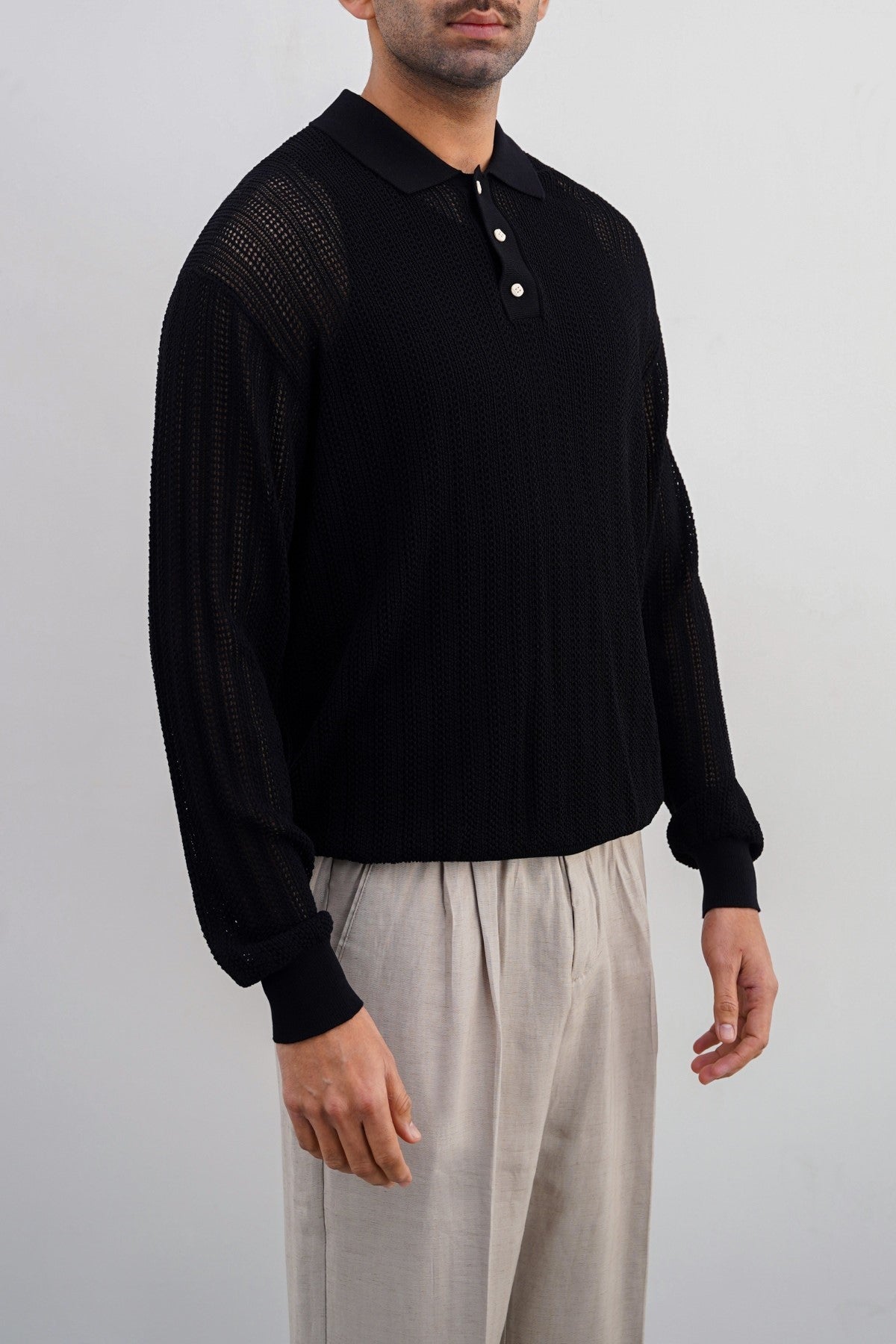 Black Relaxed Fit Crochet Knit Polo Shirt