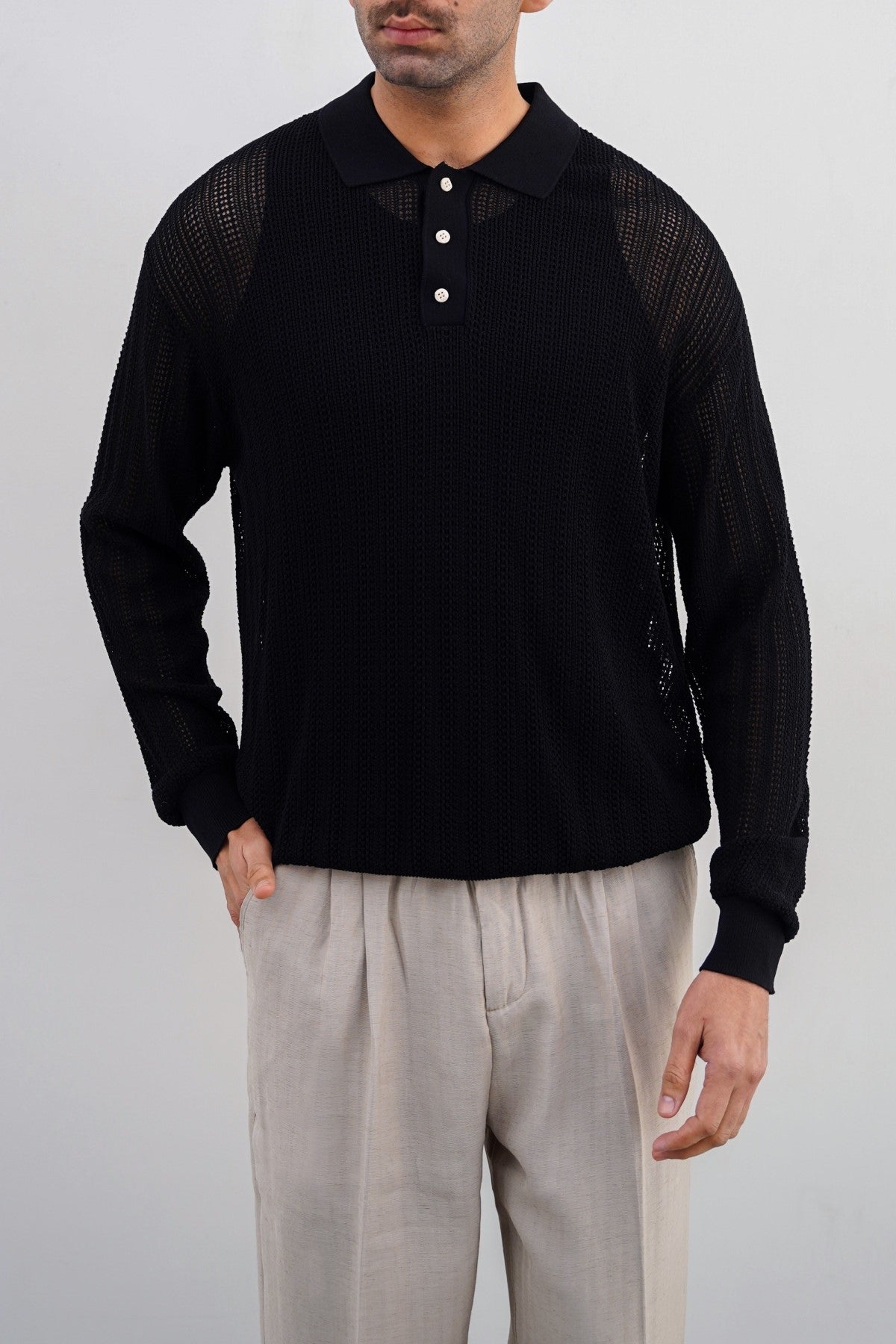Black Relaxed Fit Crochet Knit Polo Shirt