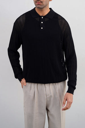 Black Relaxed Fit Crochet Knit Polo Shirt