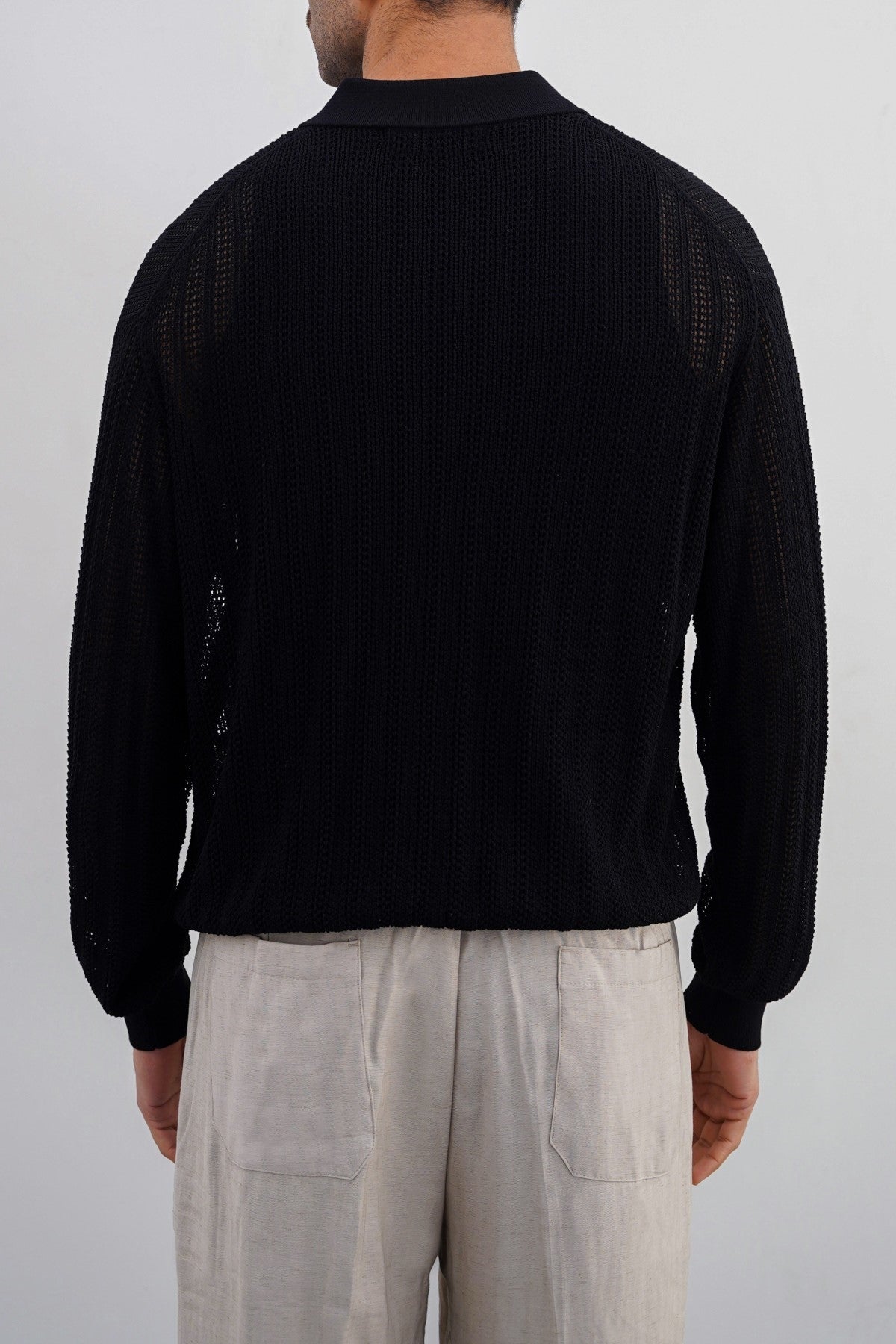 Black Relaxed Fit Crochet Knit Polo Shirt