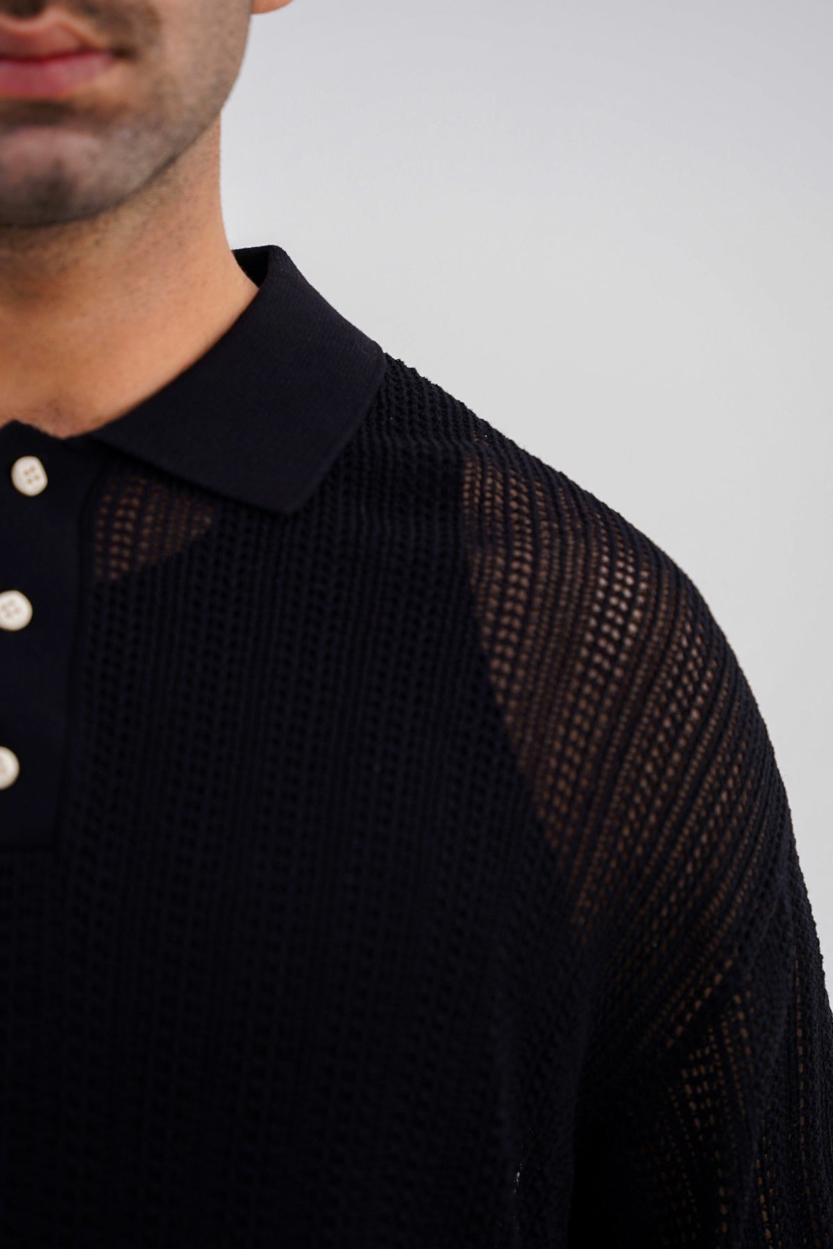 Black Relaxed Fit Crochet Knit Polo Shirt