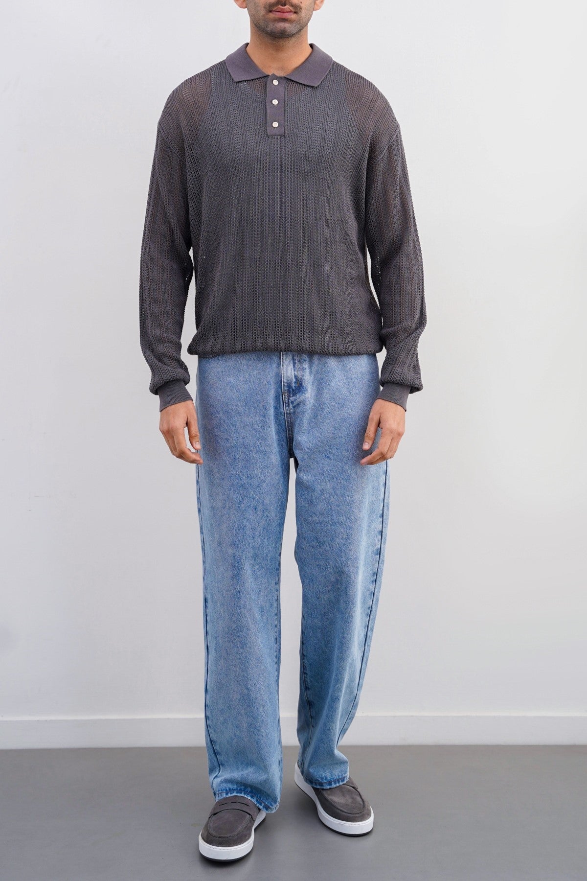 Grey Relaxed Fit Crochet Knit Polo Shirt