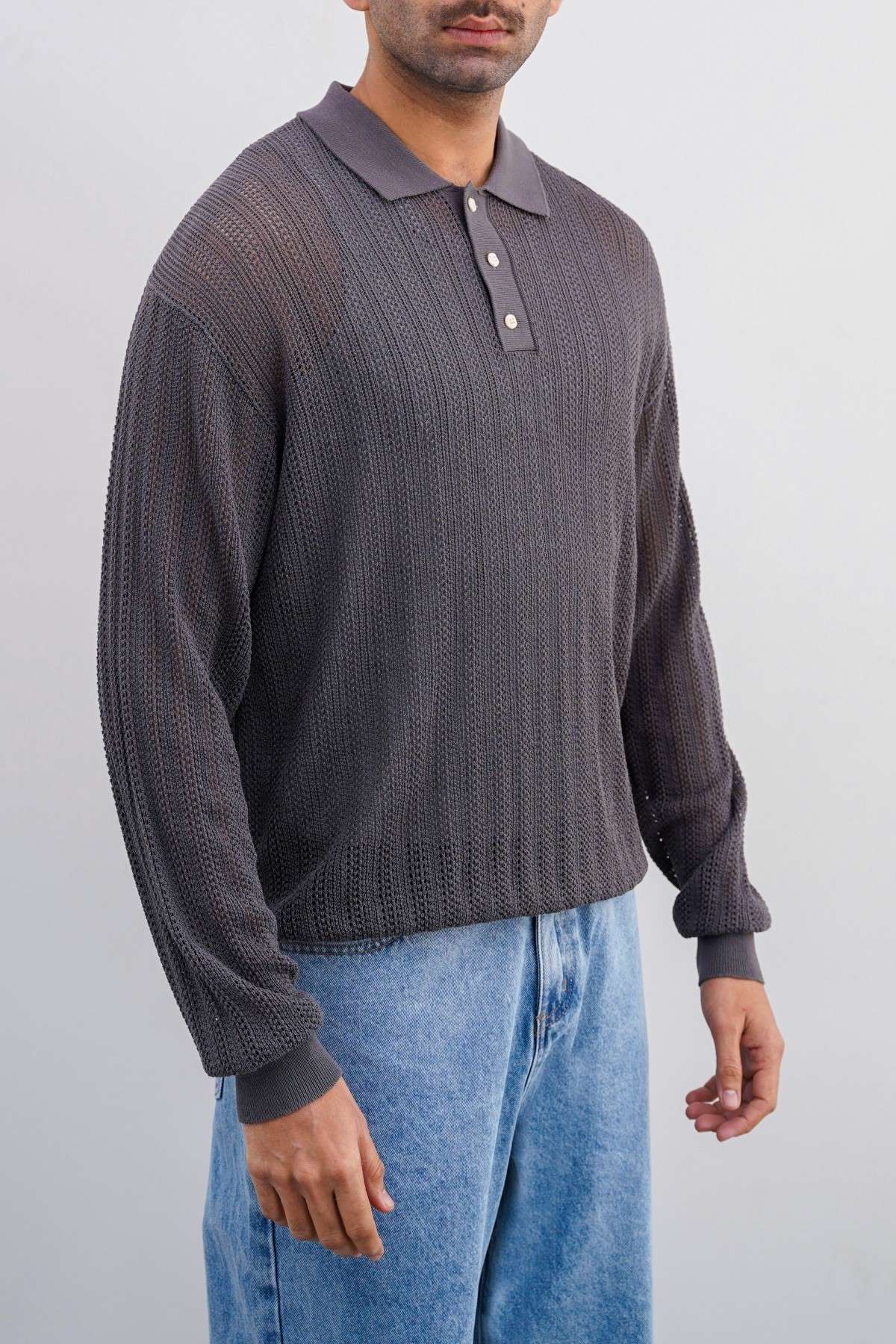 Grey Relaxed Fit Crochet Knit Polo Shirt