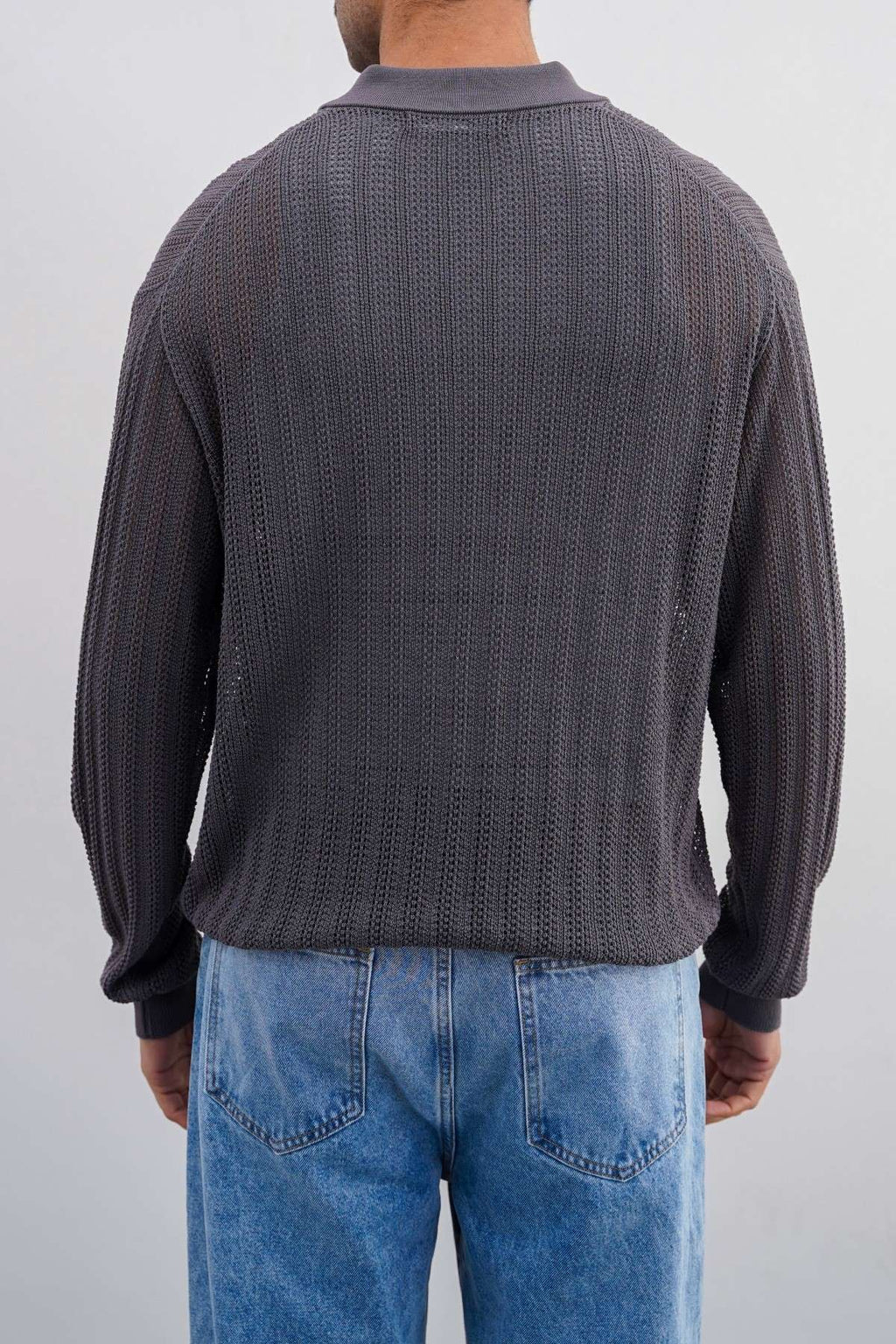 Grey Relaxed Fit Crochet Knit Polo Shirt – Cool Havn