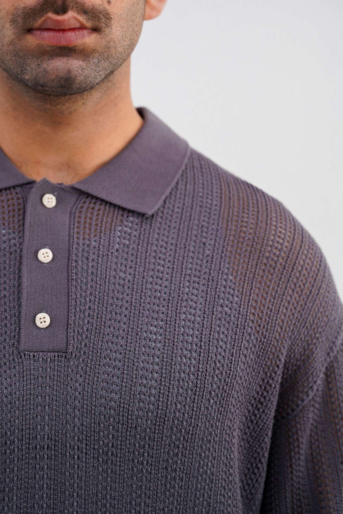 Grey Relaxed Fit Crochet Knit Polo Shirt