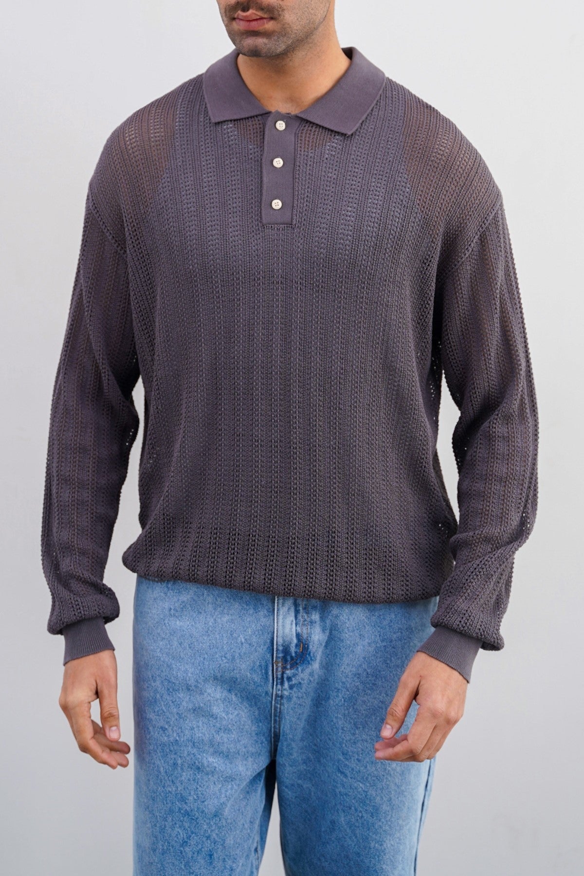 Grey Relaxed Fit Crochet Knit Polo Shirt
