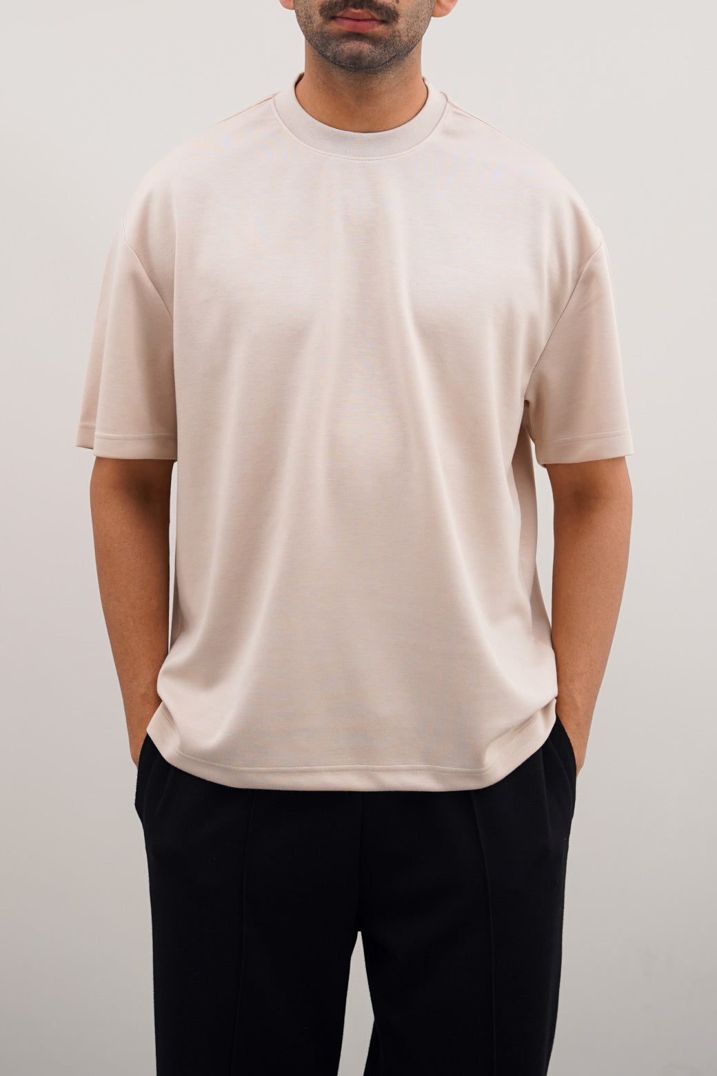 Beige Relaxed Fit Neoprene T-Shirt - Soft Hand Feel