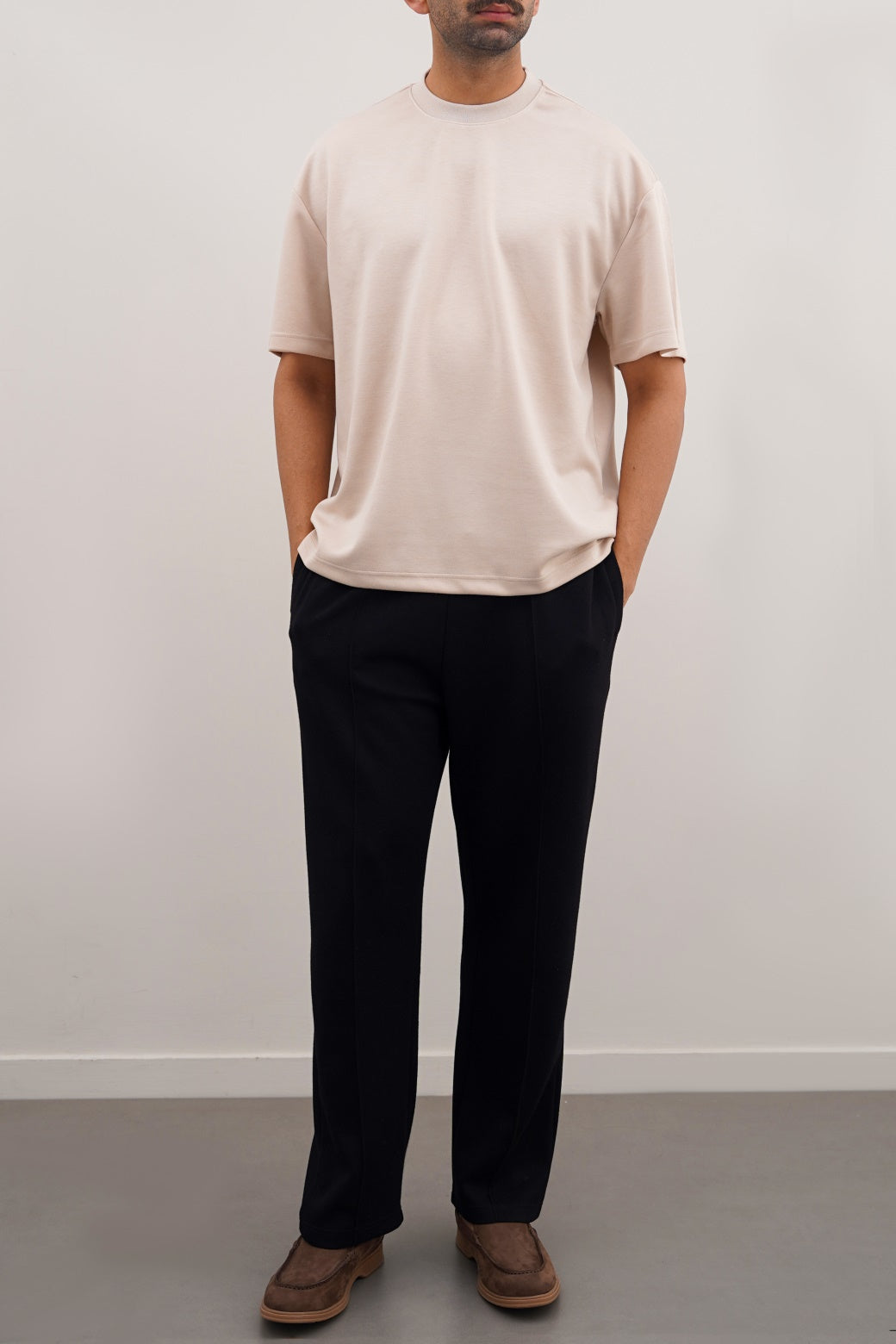 Beige Relaxed Fit Neoprene T-Shirt - Soft Hand Feel