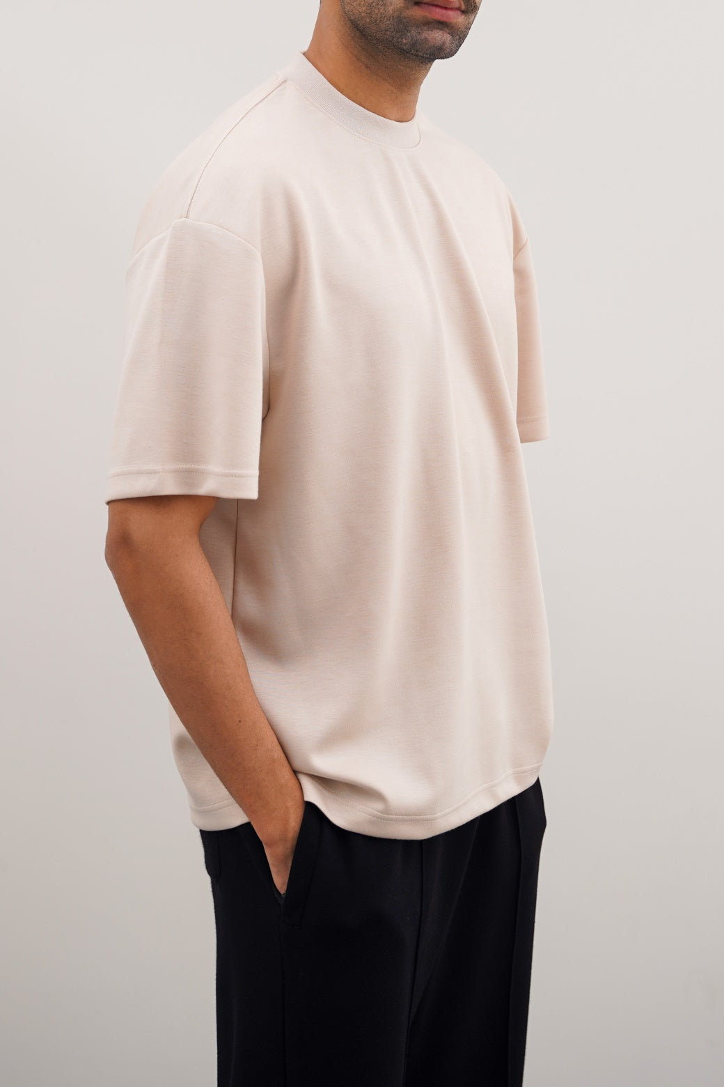 Beige Relaxed Fit Neoprene T-Shirt - Soft Hand Feel