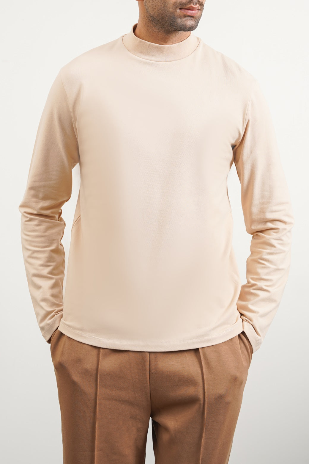 Beige Regular Fit High Neck Long Sleeve Cotton Blend T-Shirt