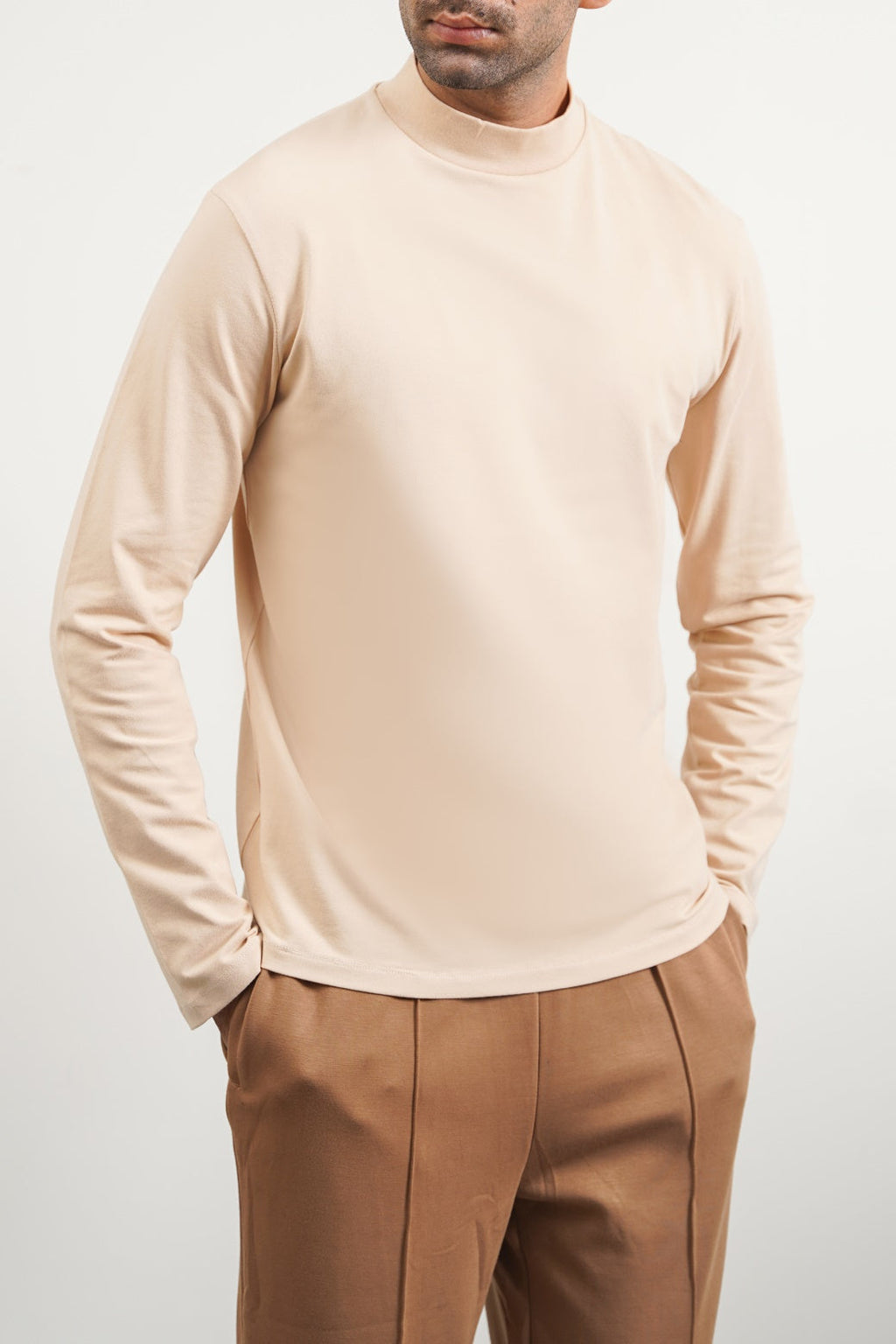 Beige Regular Fit High Neck Long Sleeve Cotton Blend T-Shirt – Cool Havn