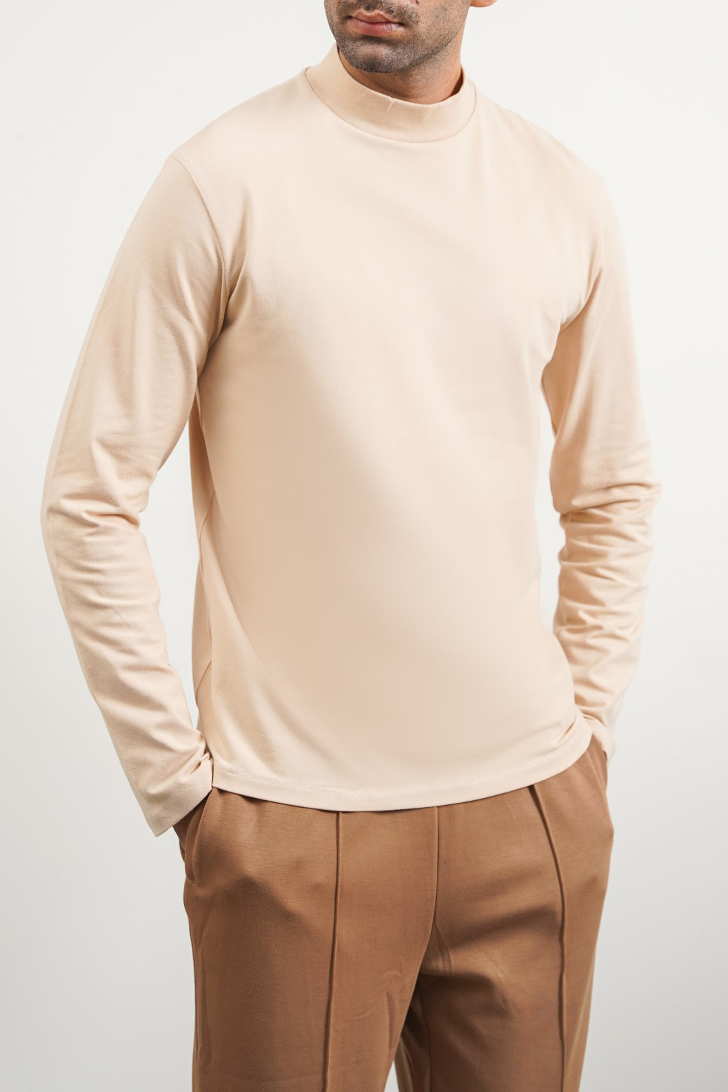 Beige Regular Fit High Neck Long Sleeve Cotton Blend T-Shirt
