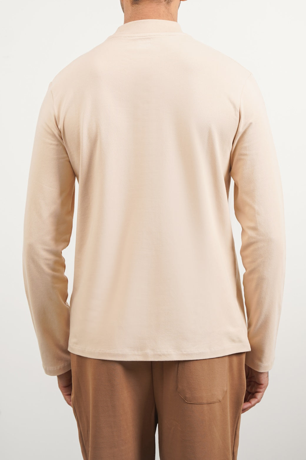 Beige Regular Fit High Neck Long Sleeve Cotton Blend T-Shirt