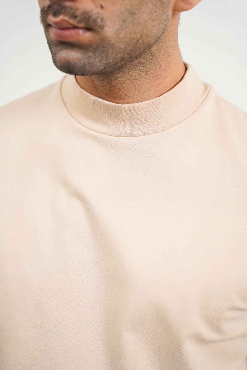 Beige Regular Fit High Neck Long Sleeve Cotton Blend T-Shirt