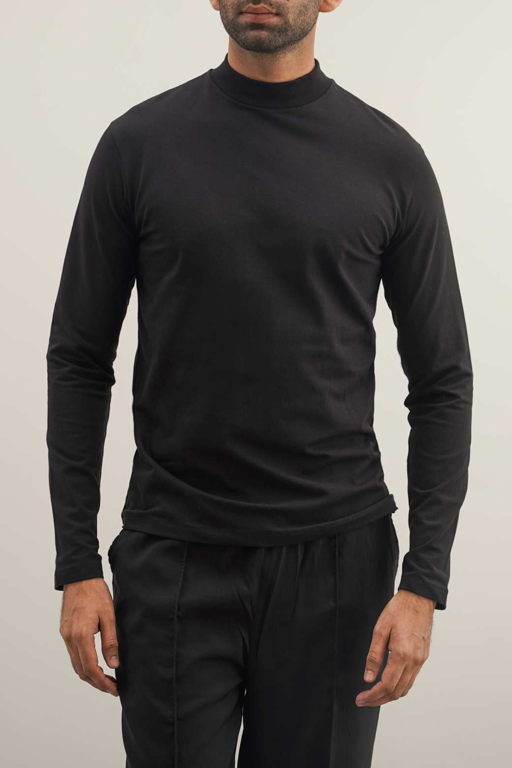 Black Regular Fit High Neck Long Sleeve Cotton Blend T-Shirt