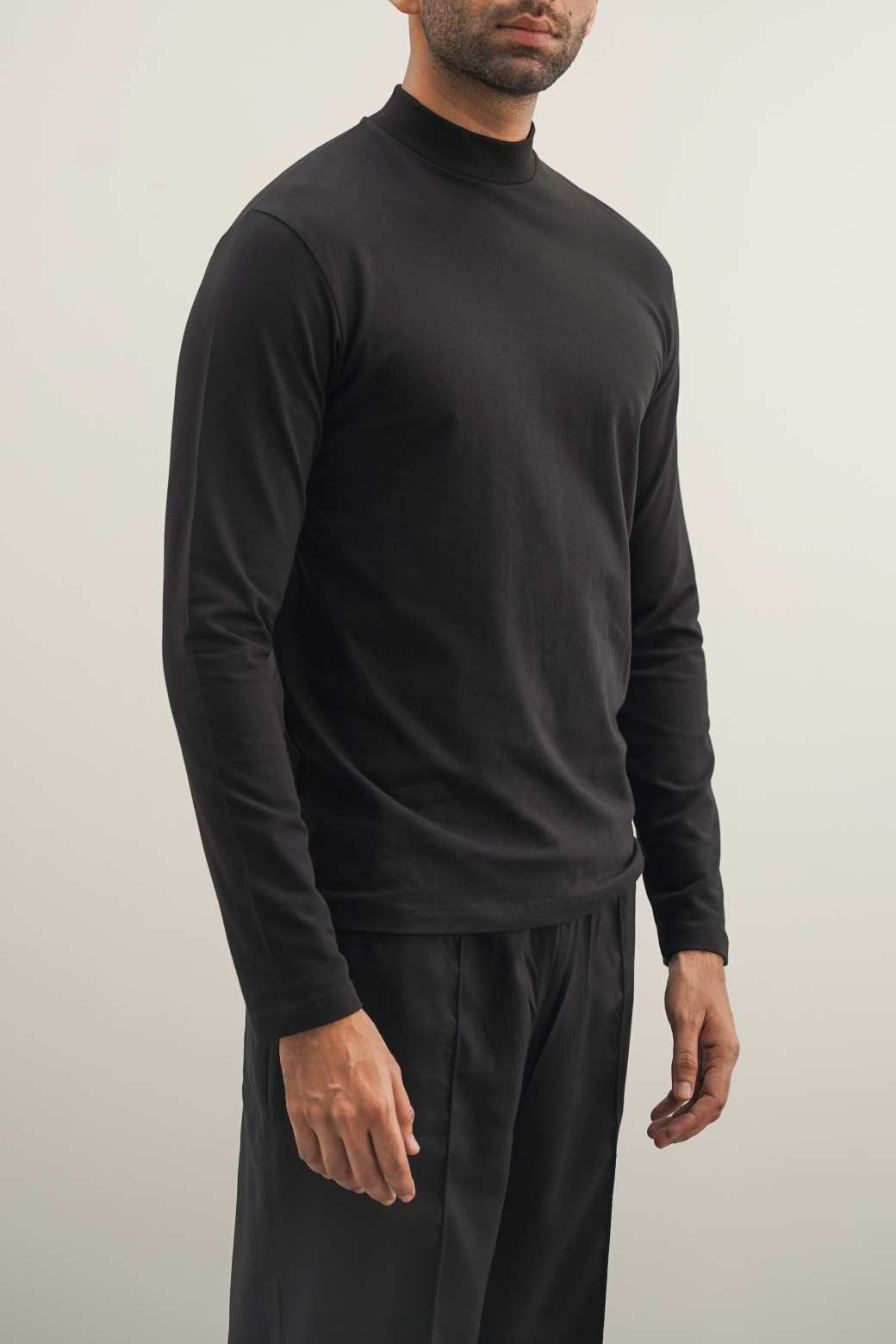 Black Regular Fit High Neck Long Sleeve Cotton Blend T-Shirt