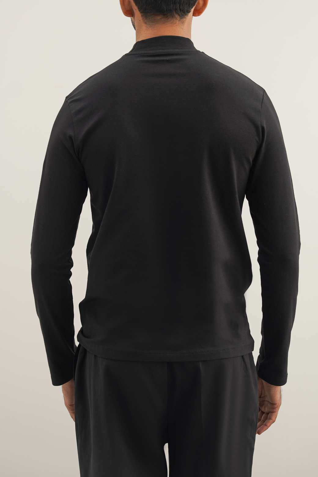Black Regular Fit High Neck Long Sleeve Cotton Blend T-Shirt