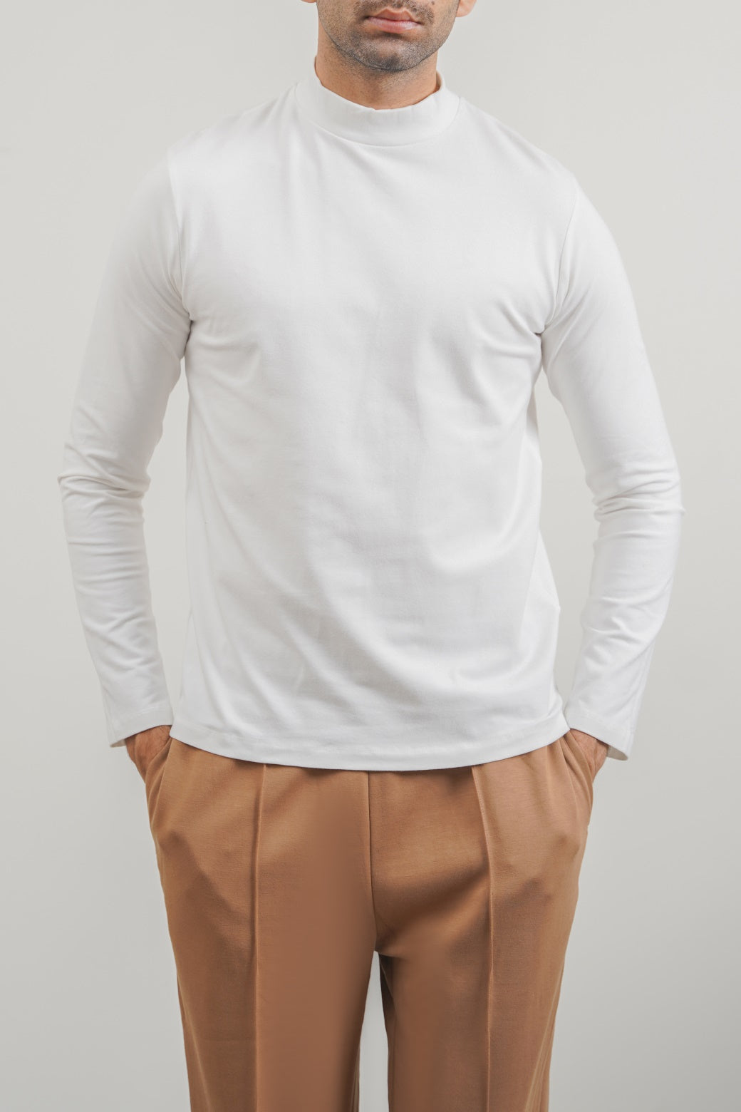 White Regular Fit High Neck Long Sleeve Cotton Blend T-Shirt