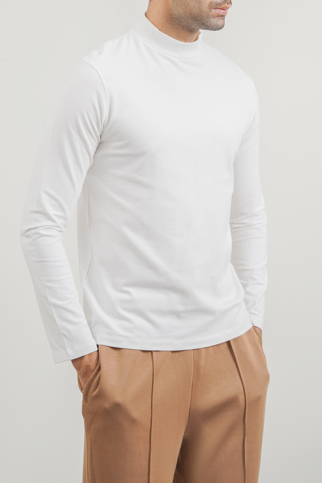White Regular Fit High Neck Long Sleeve Cotton Blend T-Shirt