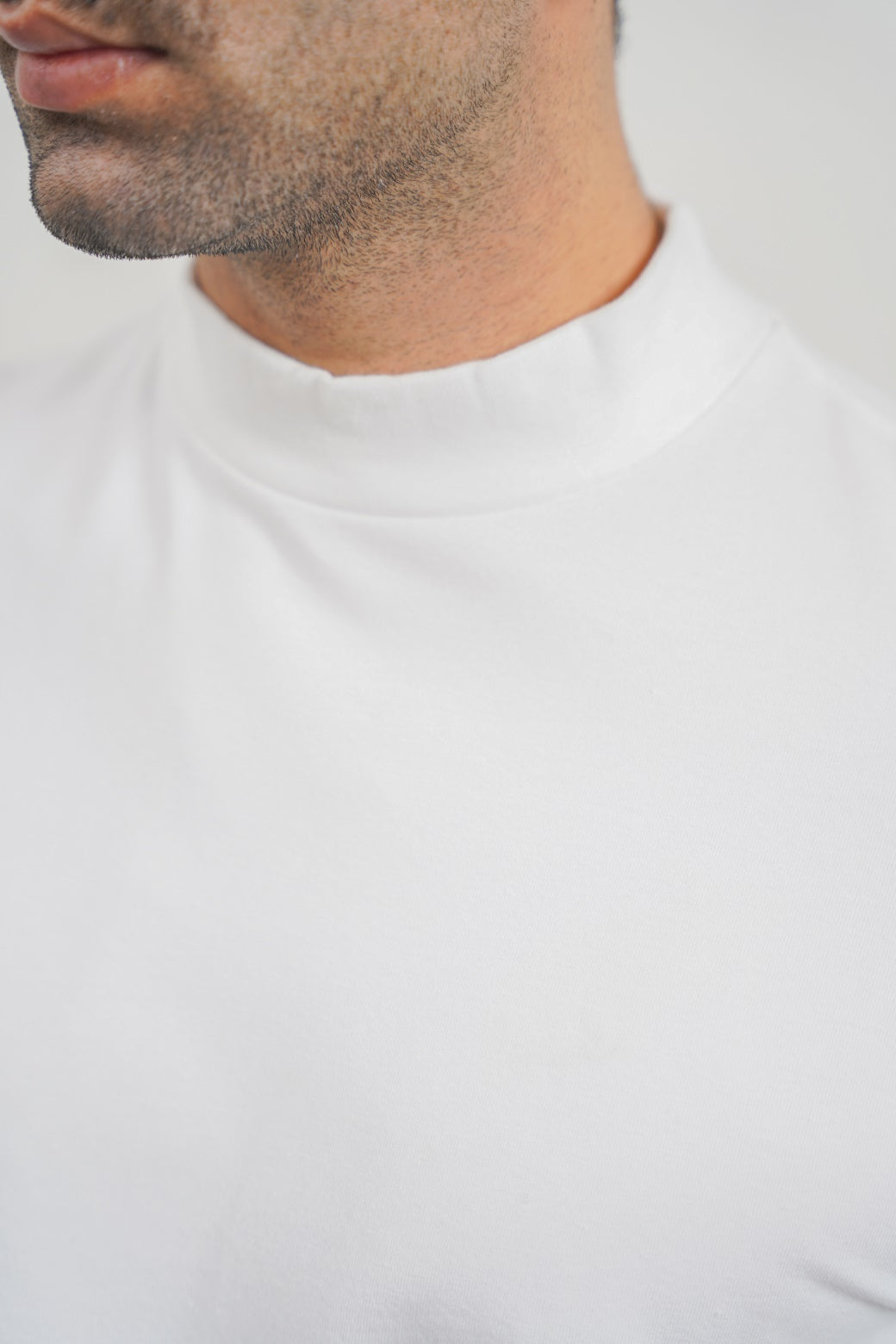 White Regular Fit High Neck Long Sleeve Cotton Blend T-Shirt