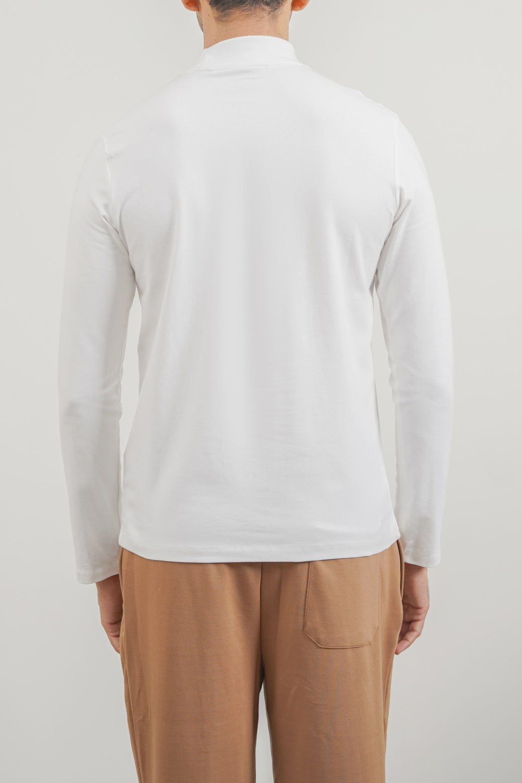 White Regular Fit High Neck Long Sleeve Cotton Blend T-Shirt
