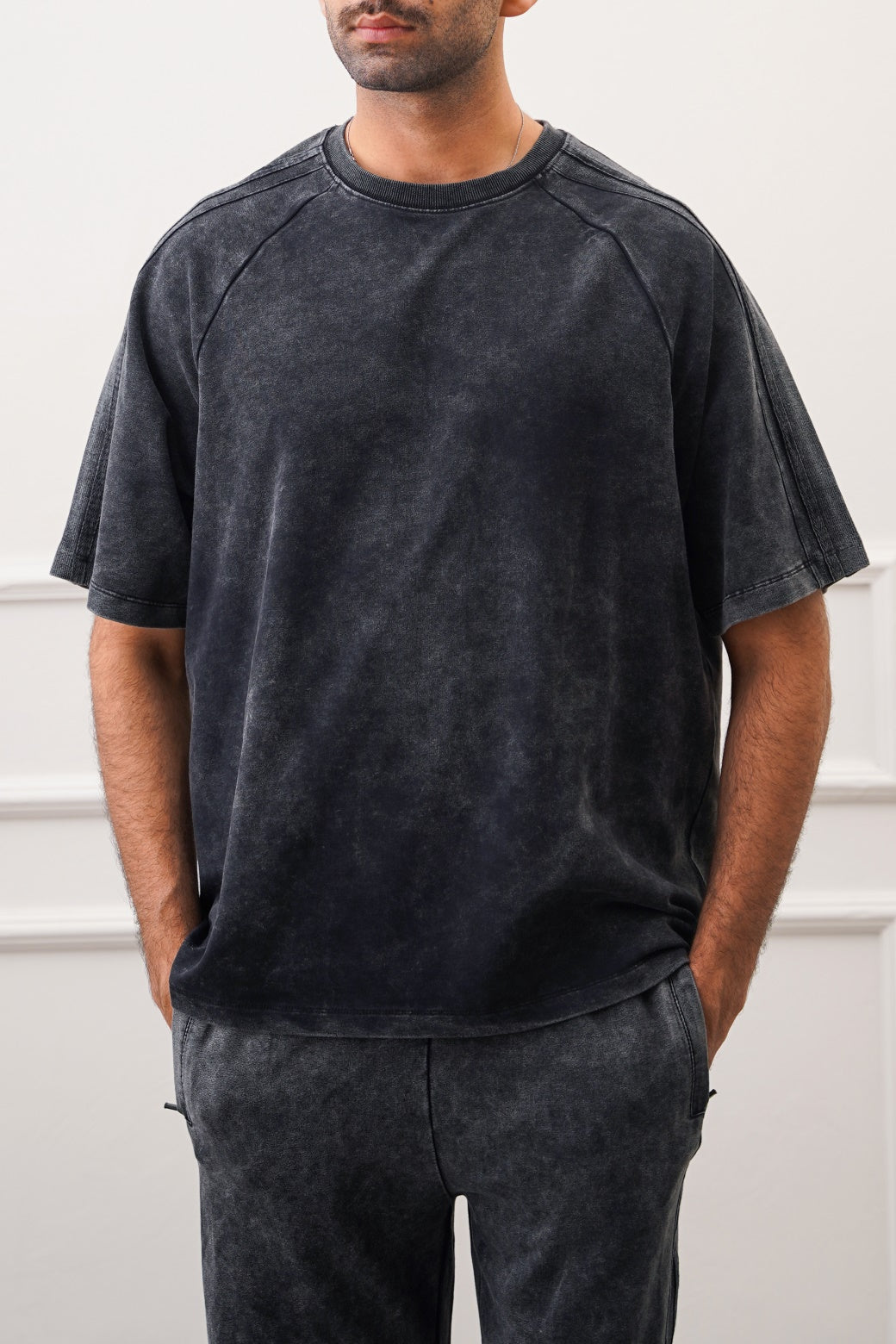 Black Acid Wash Raglan Loose Fit Soft T-Shirt