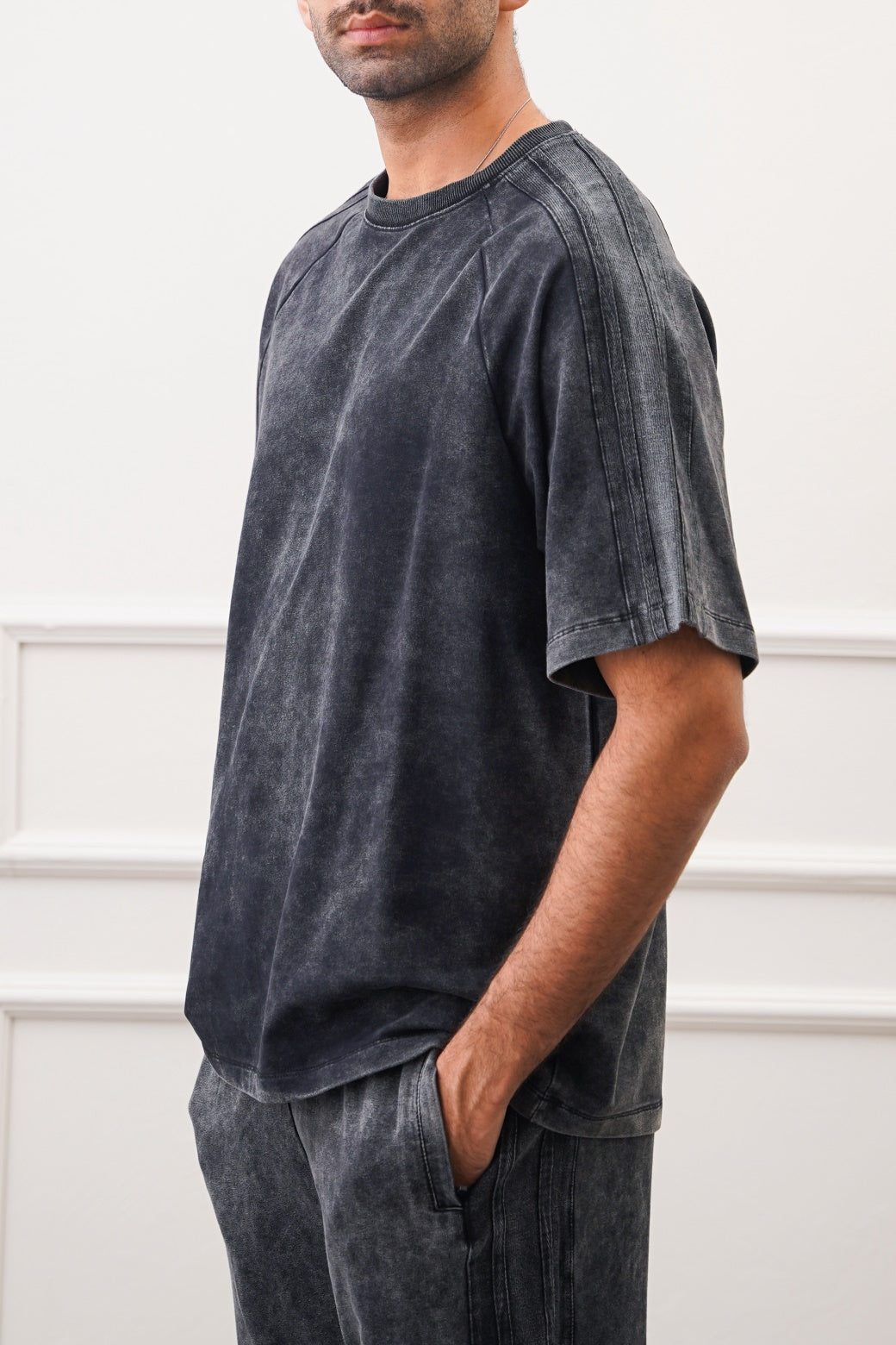 Black Acid Wash Raglan Loose Fit Soft T-Shirt