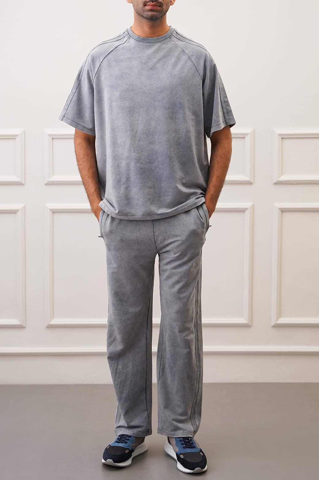 Grey Acid Wash Raglan Loose Fit Soft T-Shirt