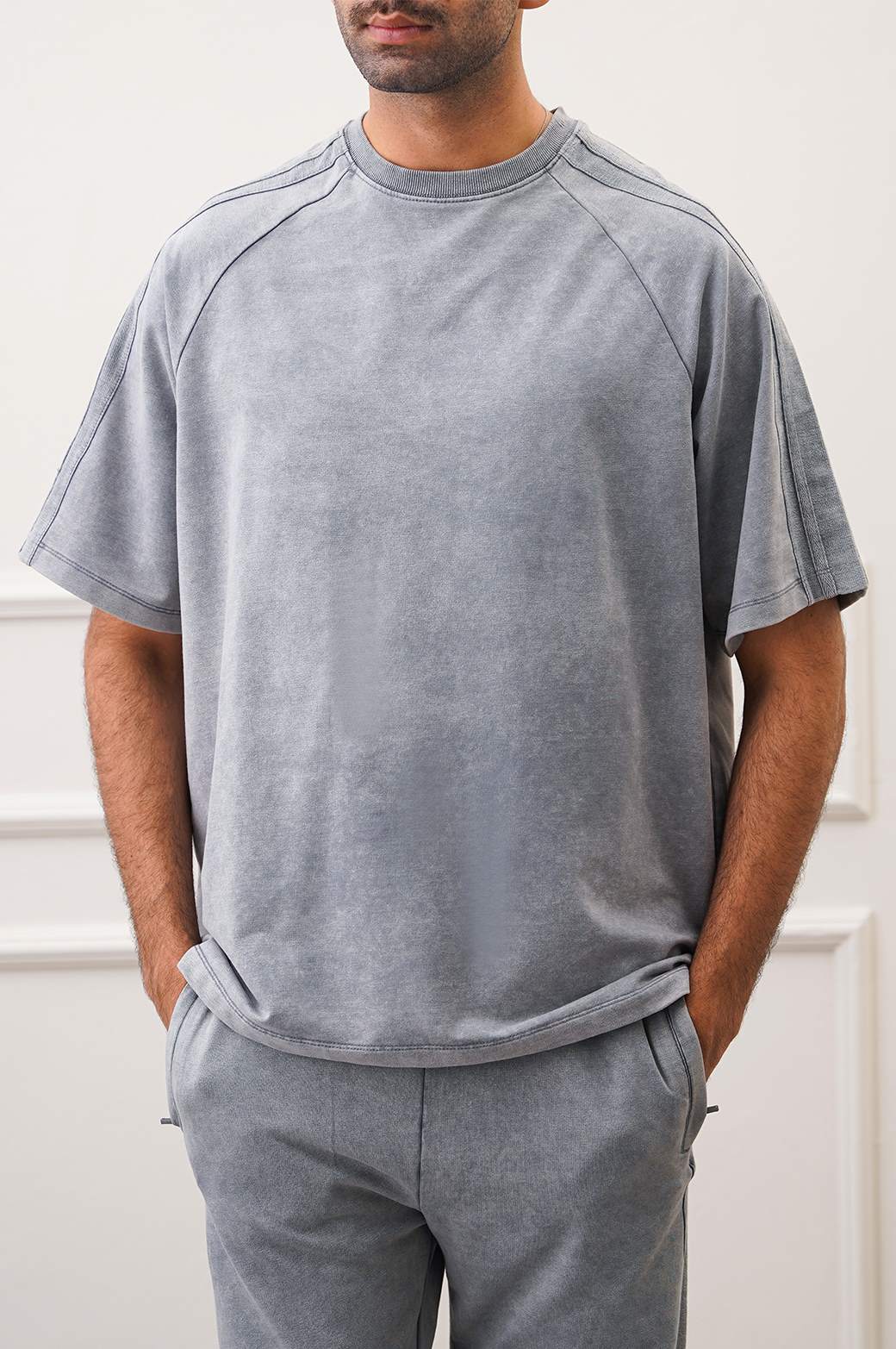 Grey Acid Wash Raglan Loose Fit Soft T-Shirt