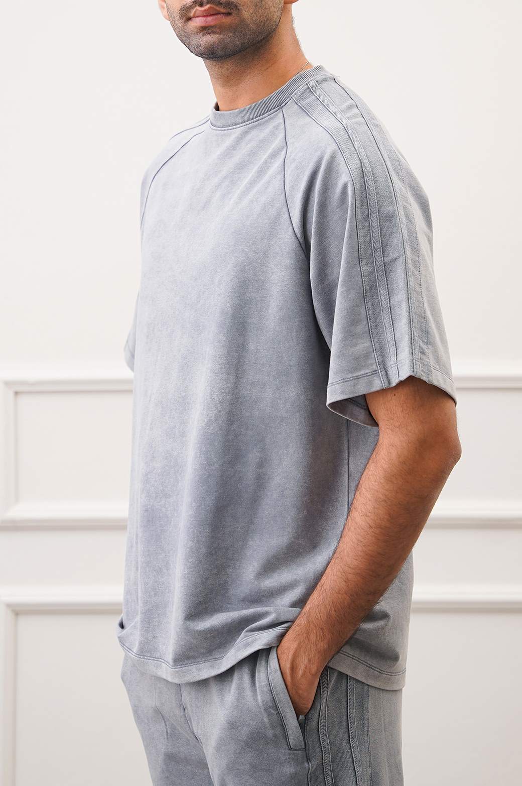 Grey Acid Wash Raglan Loose Fit Soft T-Shirt
